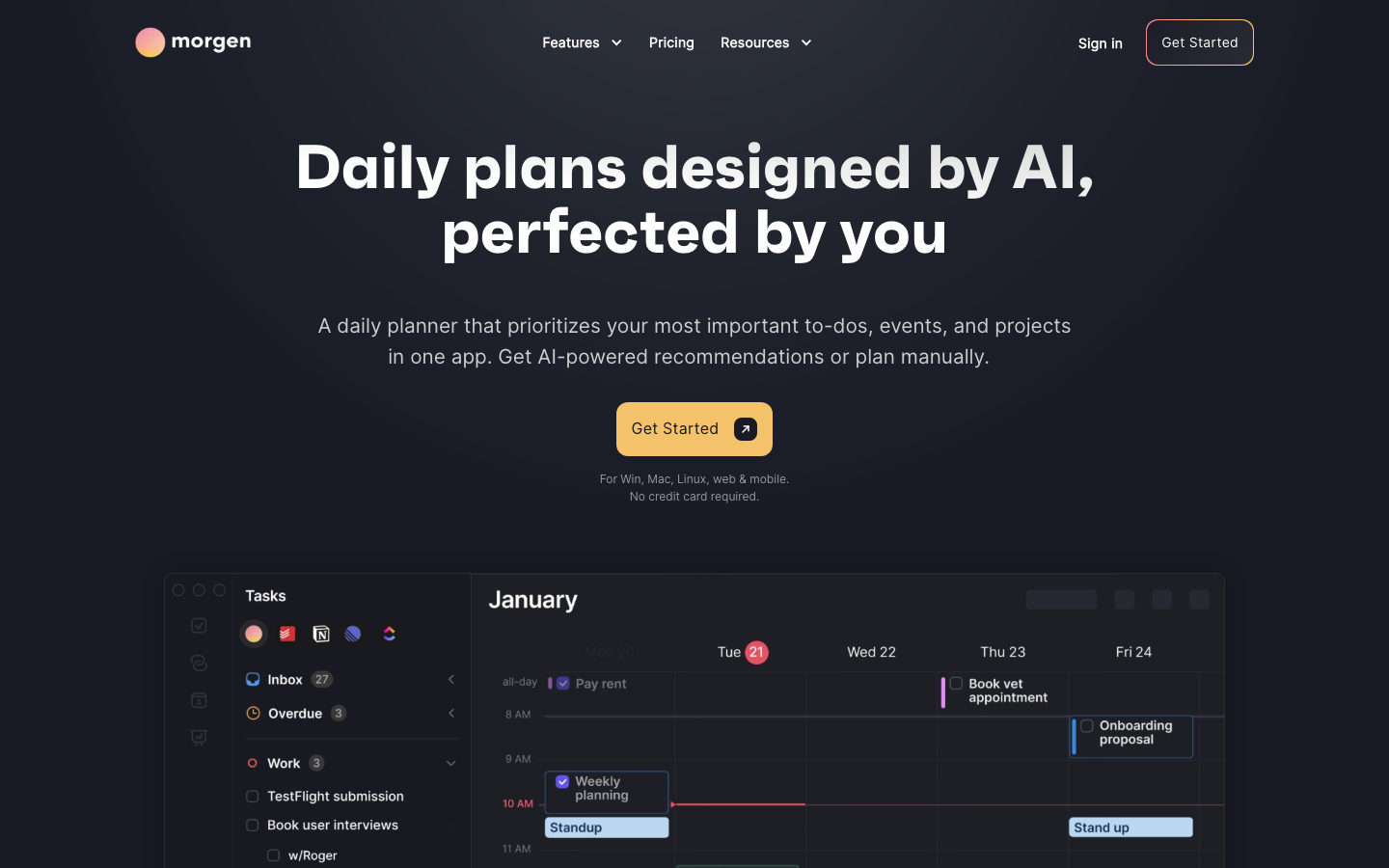 Morgen: AI Daily Planner for Calendars & Tasks - AI-powered daily planning across all your calendars and task managers. Time block, schedule meetings, and protect focus time — all in one app.  ·  dark-mode, minimalism, monochrome, saas, ai, developer-tools, creator, hero-with-cta, sticky-nav, logo-cloud, feature-trio
