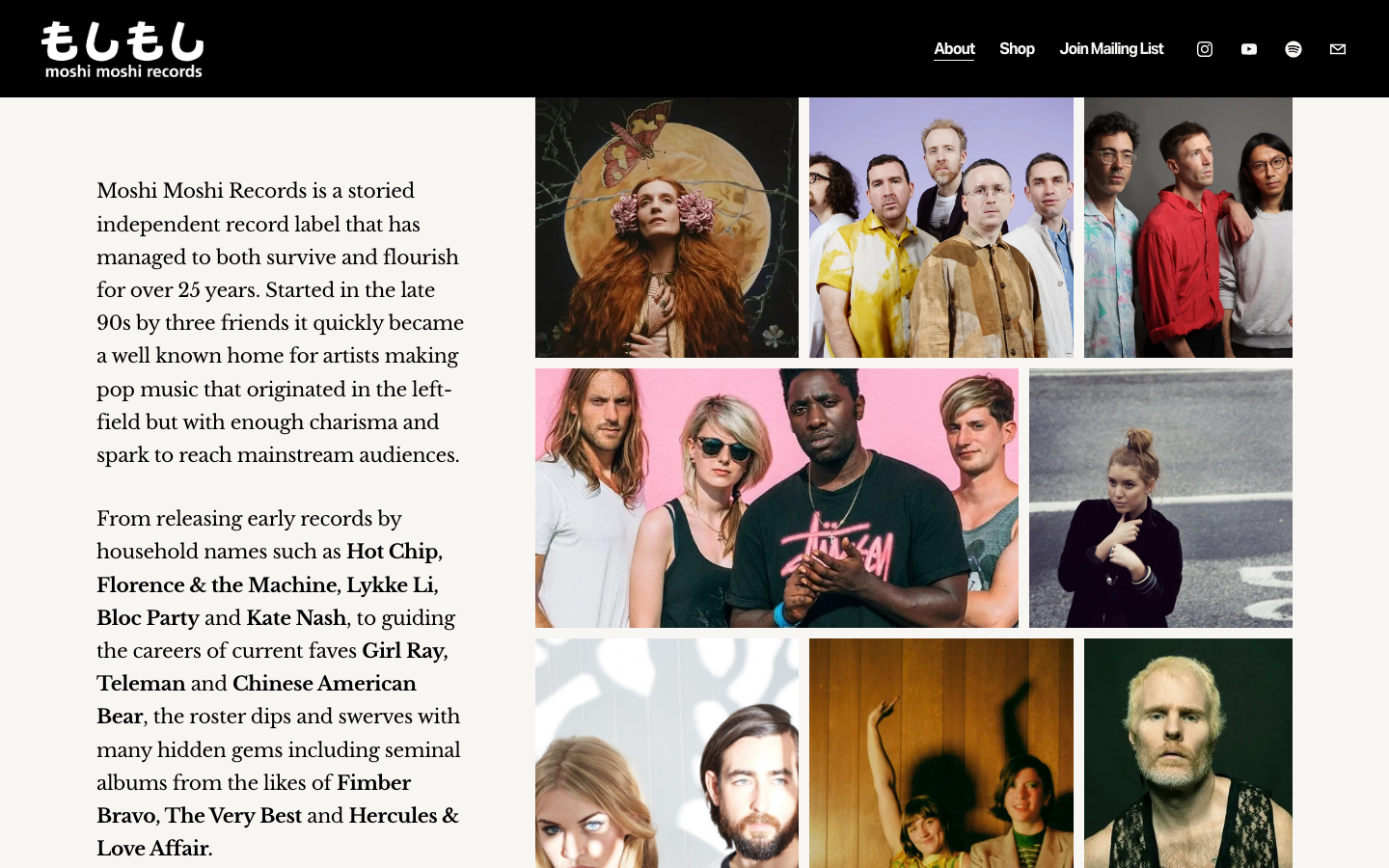 Moshimoshimusic — About - The page presents a grid of artist portraits, each a stark, full-bleed image against a dark backdrop. Typography is minimal, emphasizing the artist names in a clean sans-serif. The overall feel is sophisticated and understated.  ·  artist grid, music agency, portfolio grid, minimal portrait, dark website, editorial design, creative agency, modern portfolio, music label, studio website