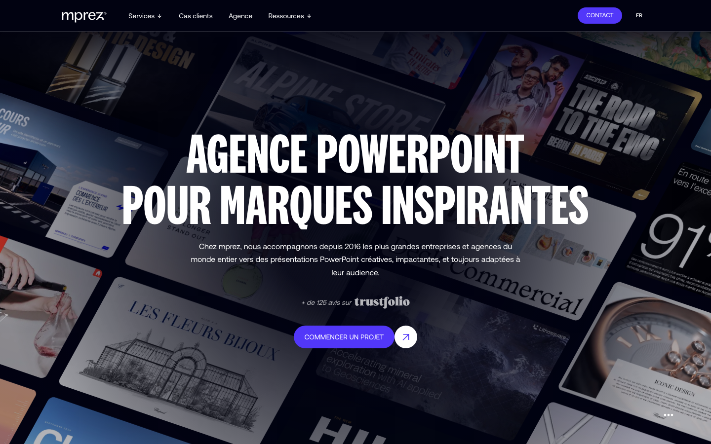 Agence PowerPoint : +2500 clients satisfaits | mprez - L’agence PowerPoint de référence, avec +10000 présentations à son actif. Nous designons vos slides, vous marquez les esprits. · minimalism, editorial, swiss, agency, portfolio, developer-tools, creator, media, hero-fullbleed, logo-cloud, bento-grid, feature-trio, testimonial-wall, case-study-card, footer-compact
