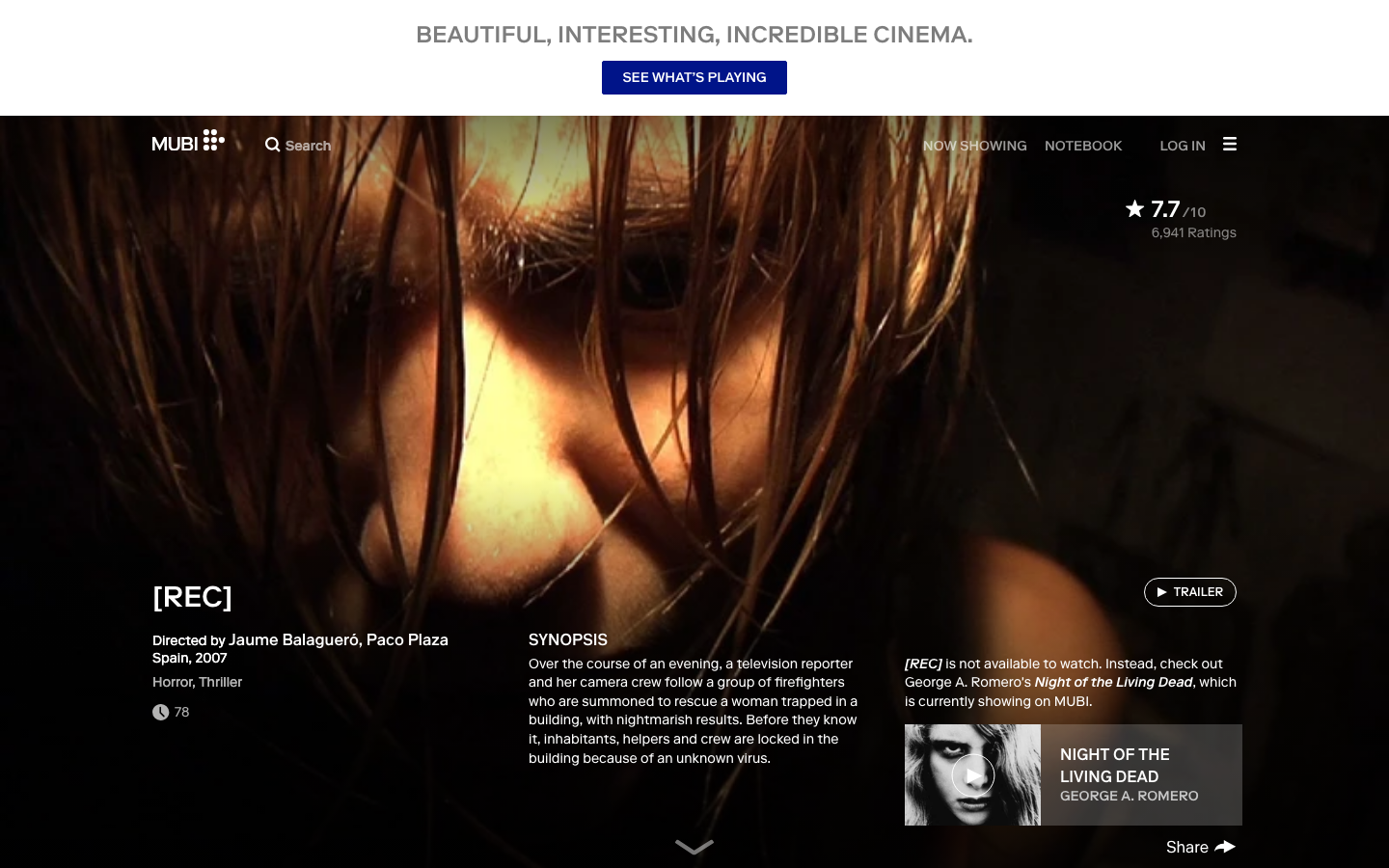 The hero image establishes a mood of cinematic escape with a low-key, atmospheric shot. Typography is clean and impactful, prioritizing the brand name and tagline. The overall density is low, allowing the image to dominate. · film streaming, movie platform, independent cinema, film curation, dark website, minimalist design, cinematic website, film review, movie discovery, film aesthetic