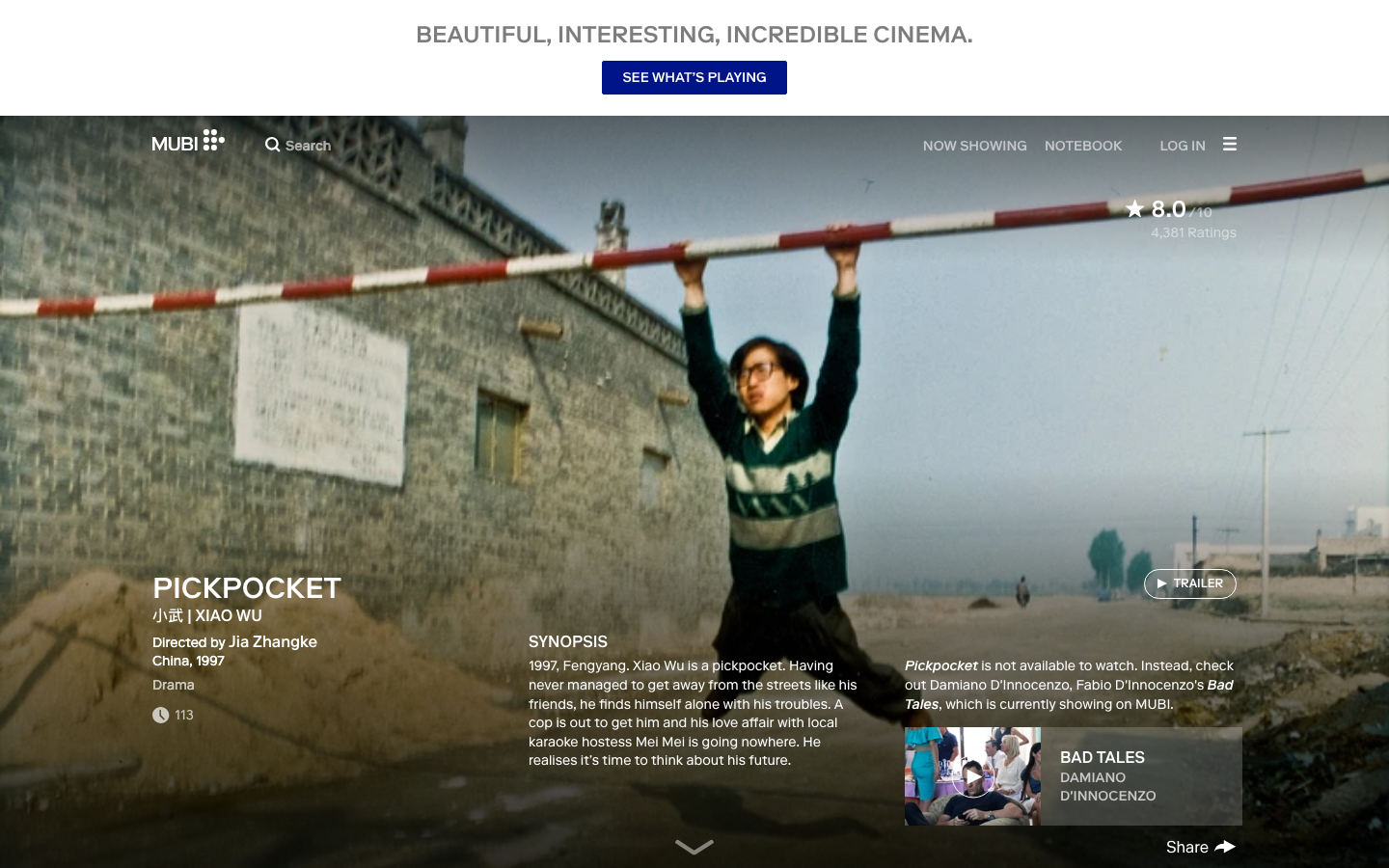 The hero image establishes a mood of cinematic escape with a low-key, atmospheric shot. Typography is clean and impactful, prioritizing the brand name and tagline. The overall density is low, allowing the image to dominate. · film streaming, movie platform, independent cinema, film curation, dark website, minimalist design, cinematic website, film review, movie discovery, film aesthetic
