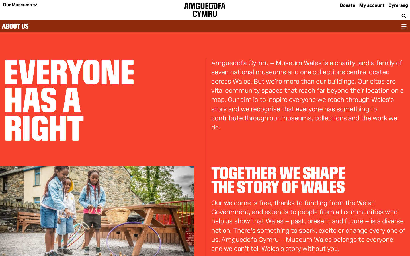 The hero image dominates the viewport, establishing a strong visual connection to the subject matter. The typography is clean and impactful, prioritizing the central message. The overall feel is respectful and informative. · museum wales, cultural heritage, welsh history, education website, nonprofit design, historical sites, community engagement