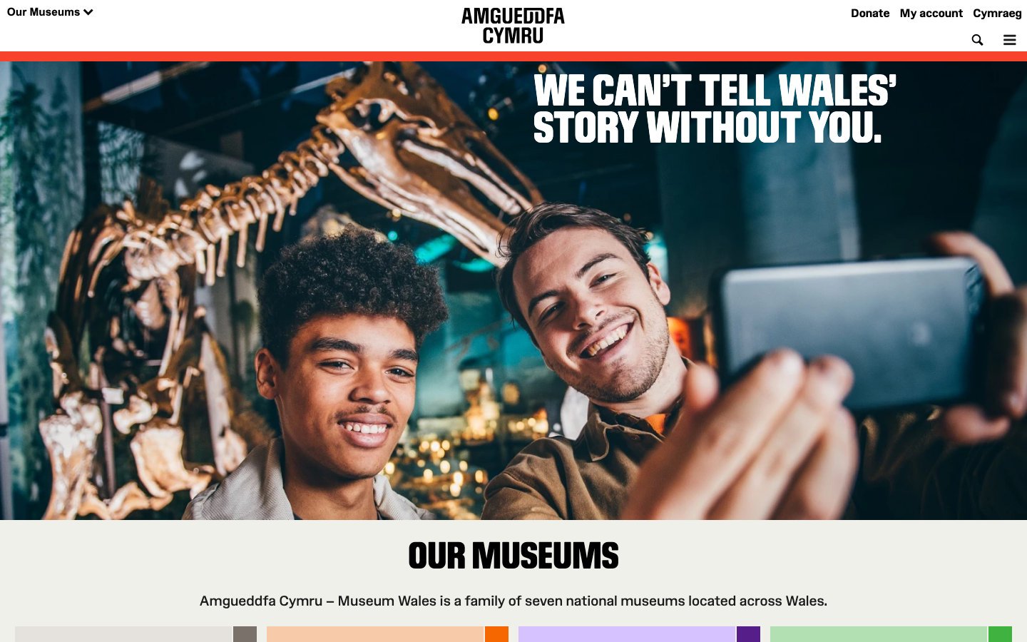 The hero image dominates the viewport, establishing a strong visual connection to the subject matter. The typography is clean and impactful, prioritizing the central message. The overall feel is respectful and informative. · museum wales, cultural heritage, welsh history, education website, nonprofit design, historical sites, community engagement