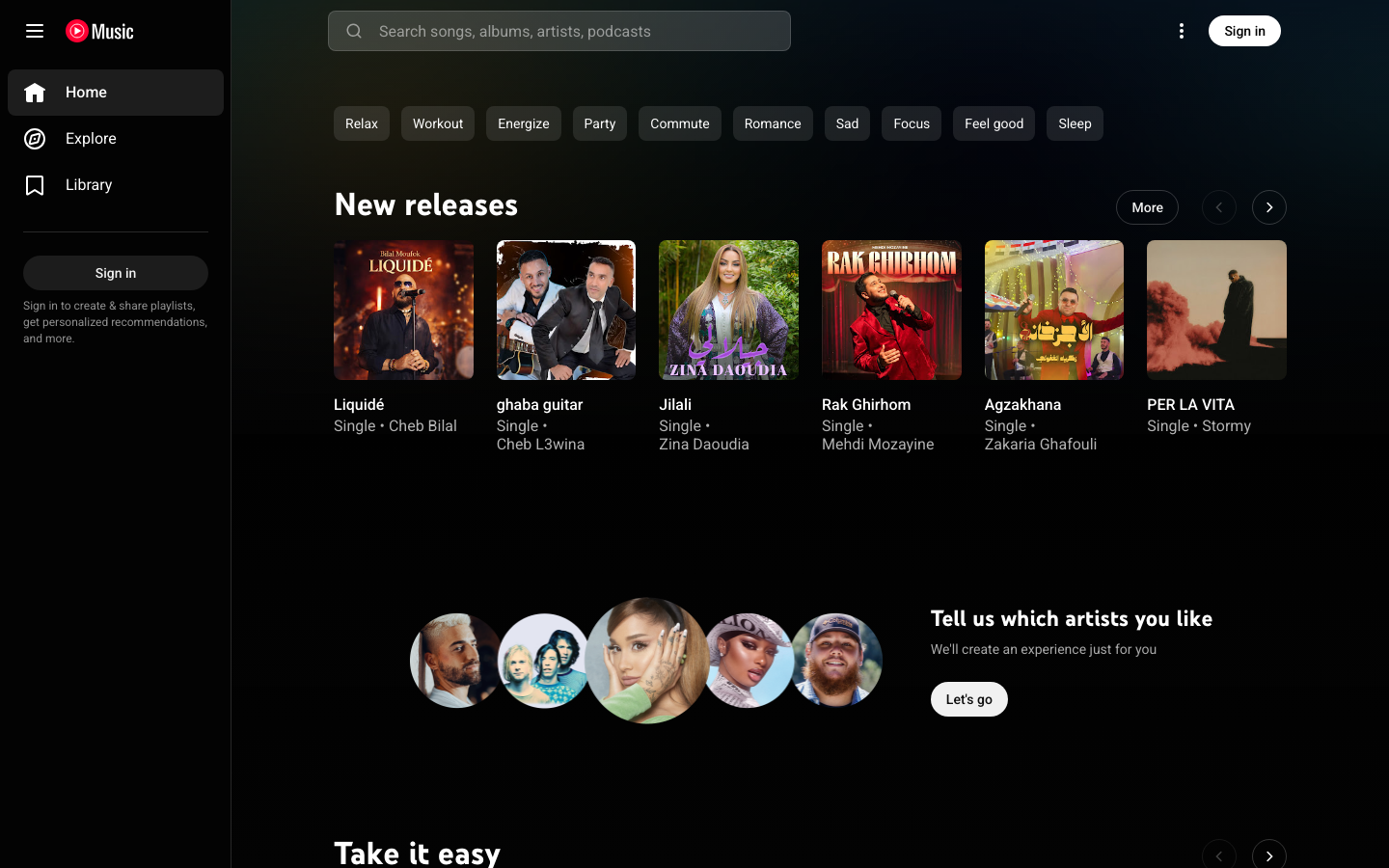 The layout prioritizes visual discovery of new music releases and popular tracks. The use of album art as the primary visual element, combined with a dark background and clean typography, creates a sophisticated and easily navigable experience. · music streaming dark, music app layout, album art grid, dark mode music, spotify alternative, youtube music design, music discovery, new music, popular music