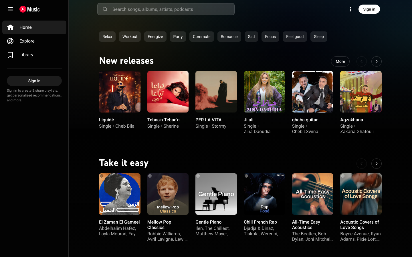 The layout prioritizes visual discovery of new music releases and popular tracks. The use of album art as the primary visual element, combined with a dark background and clean typography, creates a sophisticated and easily navigable experience. · music streaming dark, music app layout, album art grid, dark mode music, spotify alternative, youtube music design, music discovery, new music, popular music
