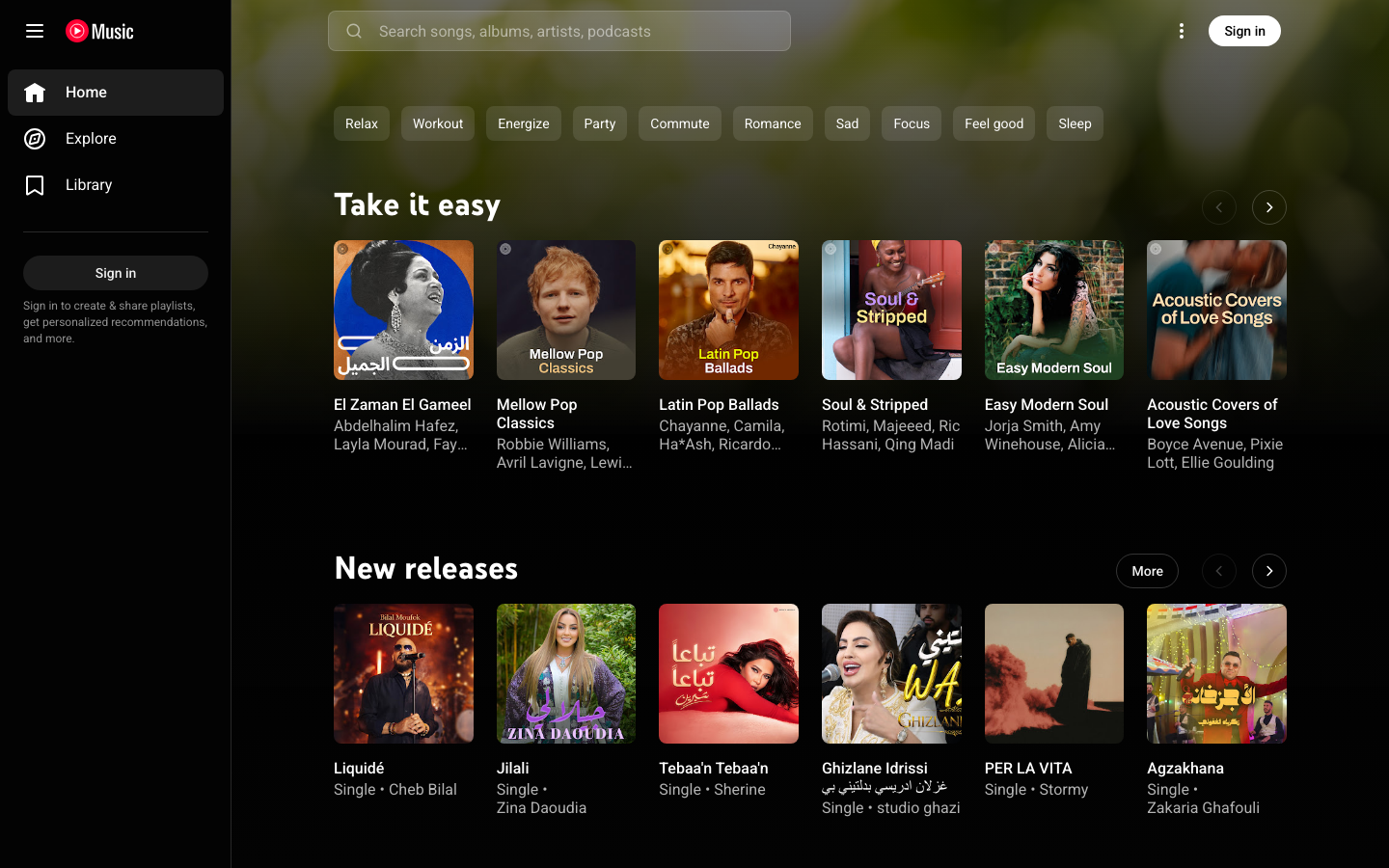 The layout prioritizes visual discovery of new music releases and popular tracks. The use of album art as the primary visual element, combined with a dark background and clean typography, creates a sophisticated and easily navigable experience. · music streaming dark, music app layout, album art grid, dark mode music, spotify alternative, youtube music design, music discovery, new music, popular music
