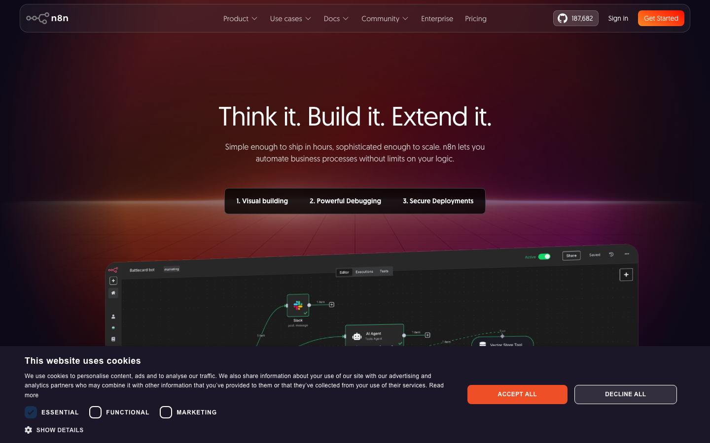 The design prioritizes a bold, impactful hero with a striking visual element, followed by concise information blocks. Typography is clean and functional, emphasizing readability and a sense of technological precision. The overall feel is efficient and direct.  ·  ai workflow, developer tools, saas landing page, dark ui, technical design, ai platform, automation platform, n8n, lightning graphic, ai agents