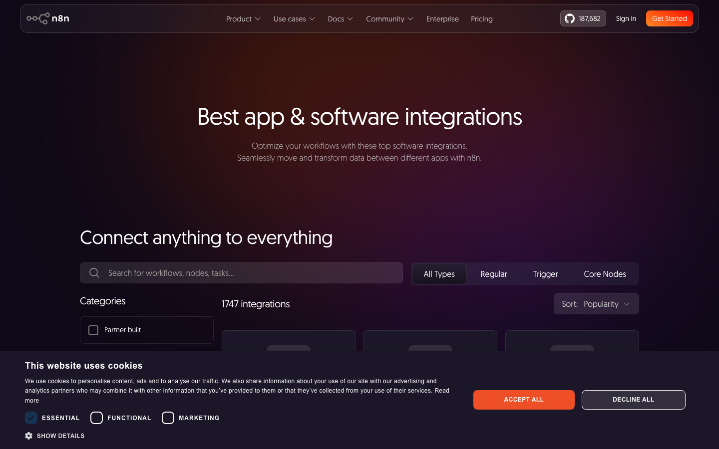 The design prioritizes a bold, impactful hero with a striking visual element, followed by concise information blocks. Typography is clean and functional, emphasizing readability and a sense of technological precision. The overall feel is efficient and direct.  ·  ai workflow, developer tools, saas landing page, dark ui, technical design, ai platform, automation platform, n8n, lightning graphic, ai agents