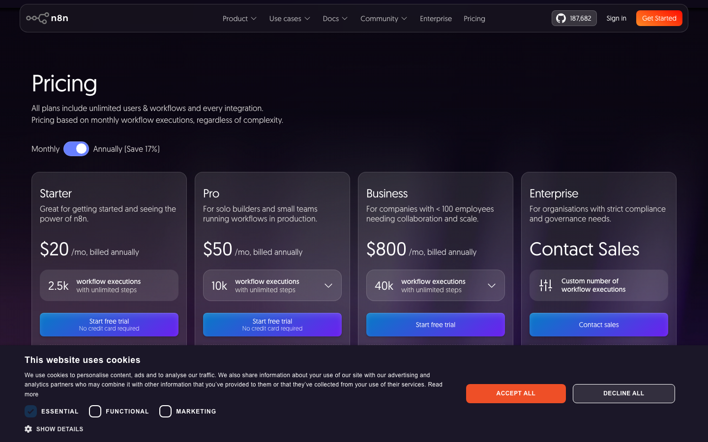 The design prioritizes a bold, impactful hero with a striking visual element, followed by concise information blocks. Typography is clean and functional, emphasizing readability and a sense of technological precision. The overall feel is efficient and direct. · ai workflow, developer tools, saas landing page, dark ui, technical design, ai platform, automation platform, n8n, lightning graphic, ai agents