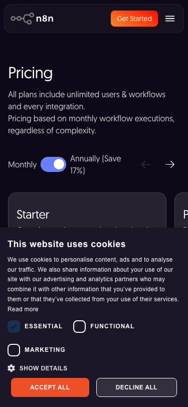 N8n — Pricing - mobile