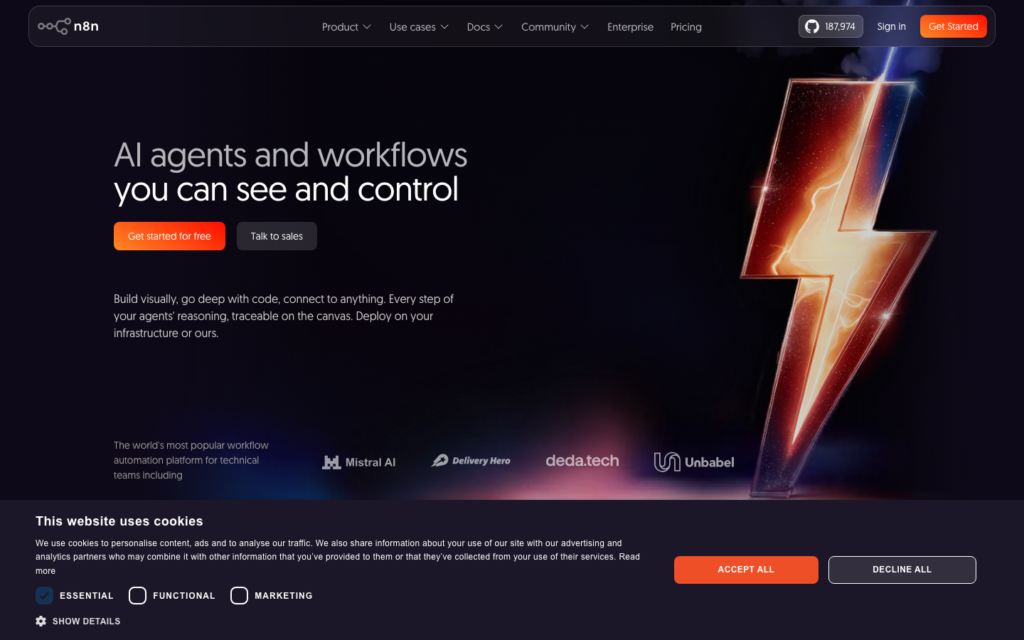 The design prioritizes a bold, impactful hero with a striking visual element, followed by concise information blocks. Typography is clean and functional, emphasizing readability and a sense of technological precision. The overall feel is efficient and direct. · ai workflow, developer tools, saas landing page, dark ui, technical design, ai platform, automation platform, n8n, lightning graphic, ai agents