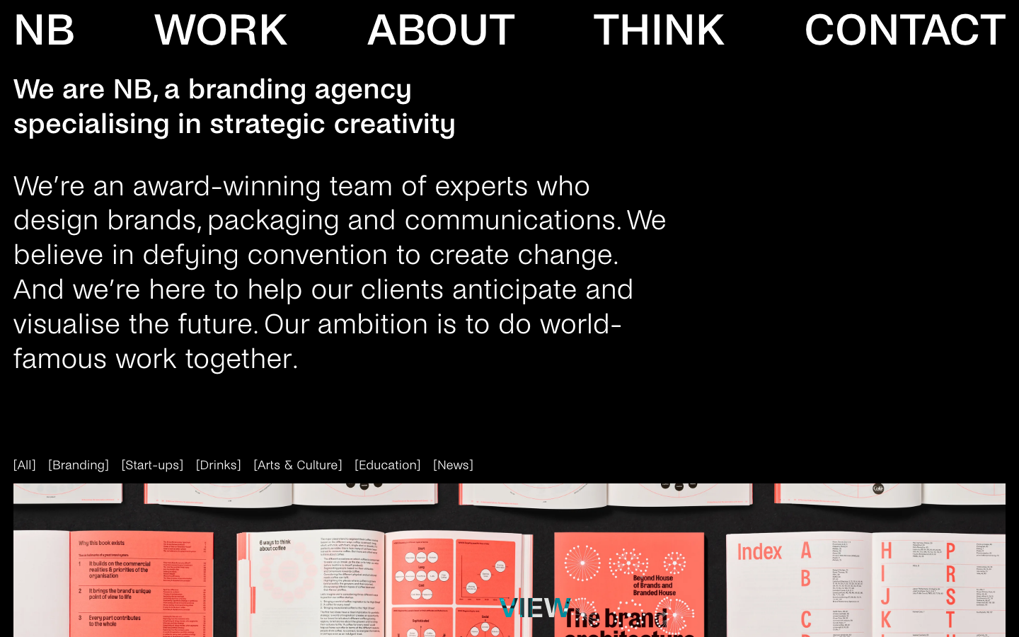 Nbstudio Co Uk - The page employs a stark split-screen layout, contrasting a left-side text block with a right-side visual showcase of their work. Typography is clean and functional, emphasizing clarity and hierarchy. The overall mood is professional and understated.  ·  branding agency, design portfolio, studio website, split screen, minimalist design, editorial layout, swiss style, black and white, creative agency, visual identity