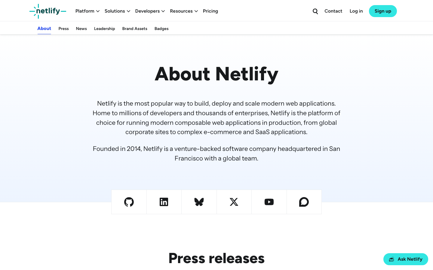 Netlify — About - The page uses a dark background with bright, playful illustrations to highlight the core value proposition. Typography is clean and modern, with a focus on readability. The layout is structured with distinct sections for key features and a clear call to action.  ·  saas landing page, developer tools website, ai platform design, dark mode website, modern web design, tech startup, netlify homepage, code platform, web development tools, cloud platform