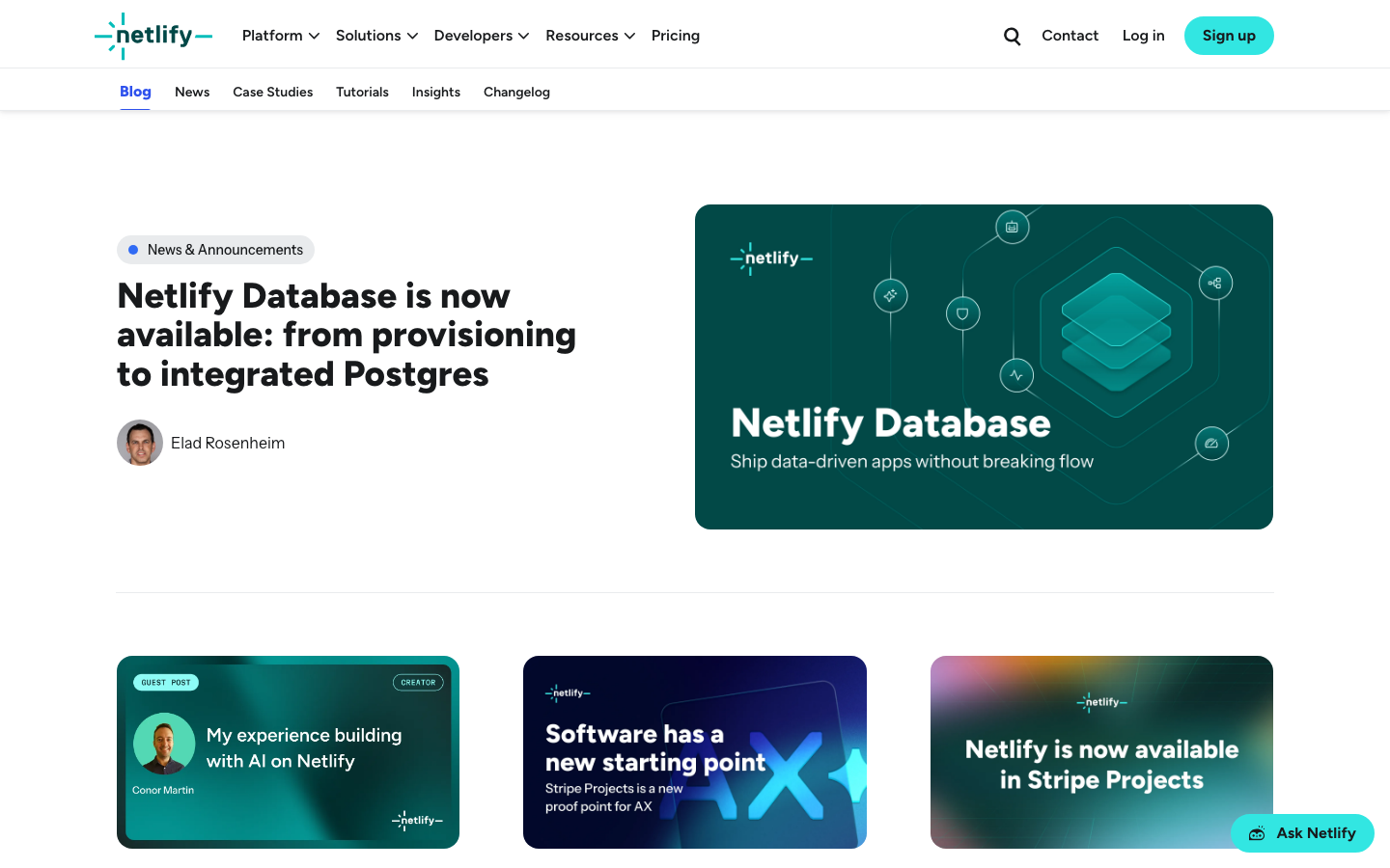 The page uses a dark background with bright, playful illustrations to highlight the core value proposition. Typography is clean and modern, with a focus on readability. The layout is structured with distinct sections for key features and a clear call to action. · saas landing page, developer tools website, ai platform design, dark mode website, modern web design, tech startup, netlify homepage, code platform, web development tools, cloud platform