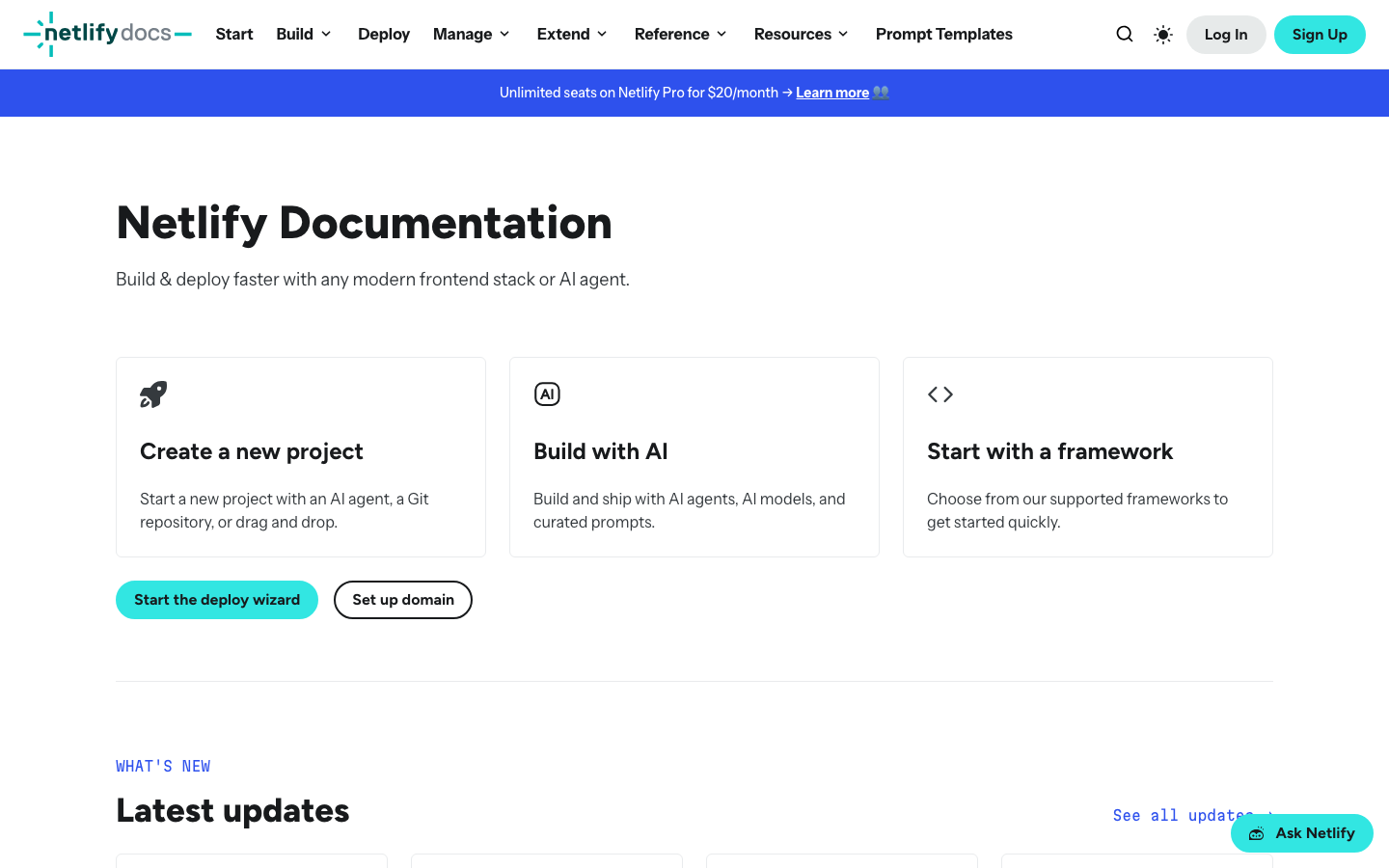 The page uses a dark background with bright, playful illustrations to highlight the core value proposition. Typography is clean and modern, with a focus on readability. The layout is structured with distinct sections for key features and a clear call to action. · saas landing page, developer tools website, ai platform design, dark mode website, modern web design, tech startup, netlify homepage, code platform, web development tools, cloud platform
