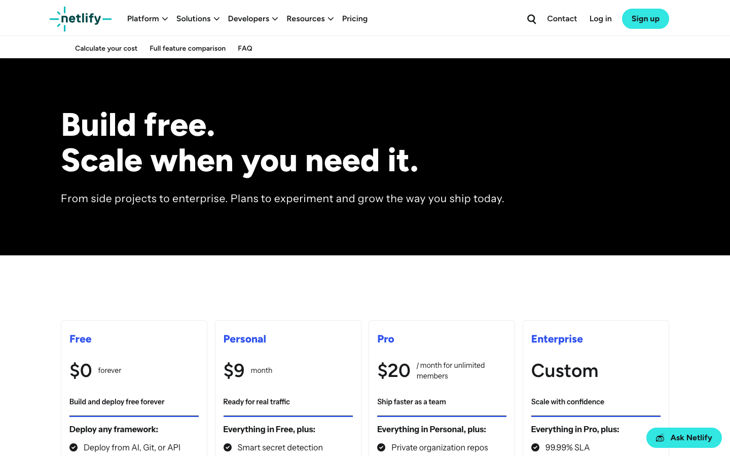 The page uses a dark background with bright, playful illustrations to highlight the core value proposition. Typography is clean and modern, with a focus on readability. The layout is structured with distinct sections for key features and a clear call to action. · saas landing page, developer tools website, ai platform design, dark mode website, modern web design, tech startup, netlify homepage, code platform, web development tools, cloud platform