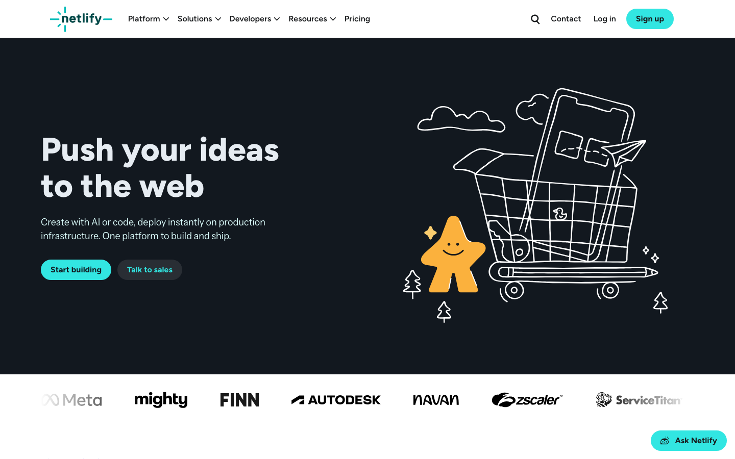 The page uses a dark background with bright, playful illustrations to highlight the core value proposition. Typography is clean and modern, with a focus on readability. The layout is structured with distinct sections for key features and a clear call to action. · saas landing page, developer tools website, ai platform design, dark mode website, modern web design, tech startup, netlify homepage, code platform, web development tools, cloud platform