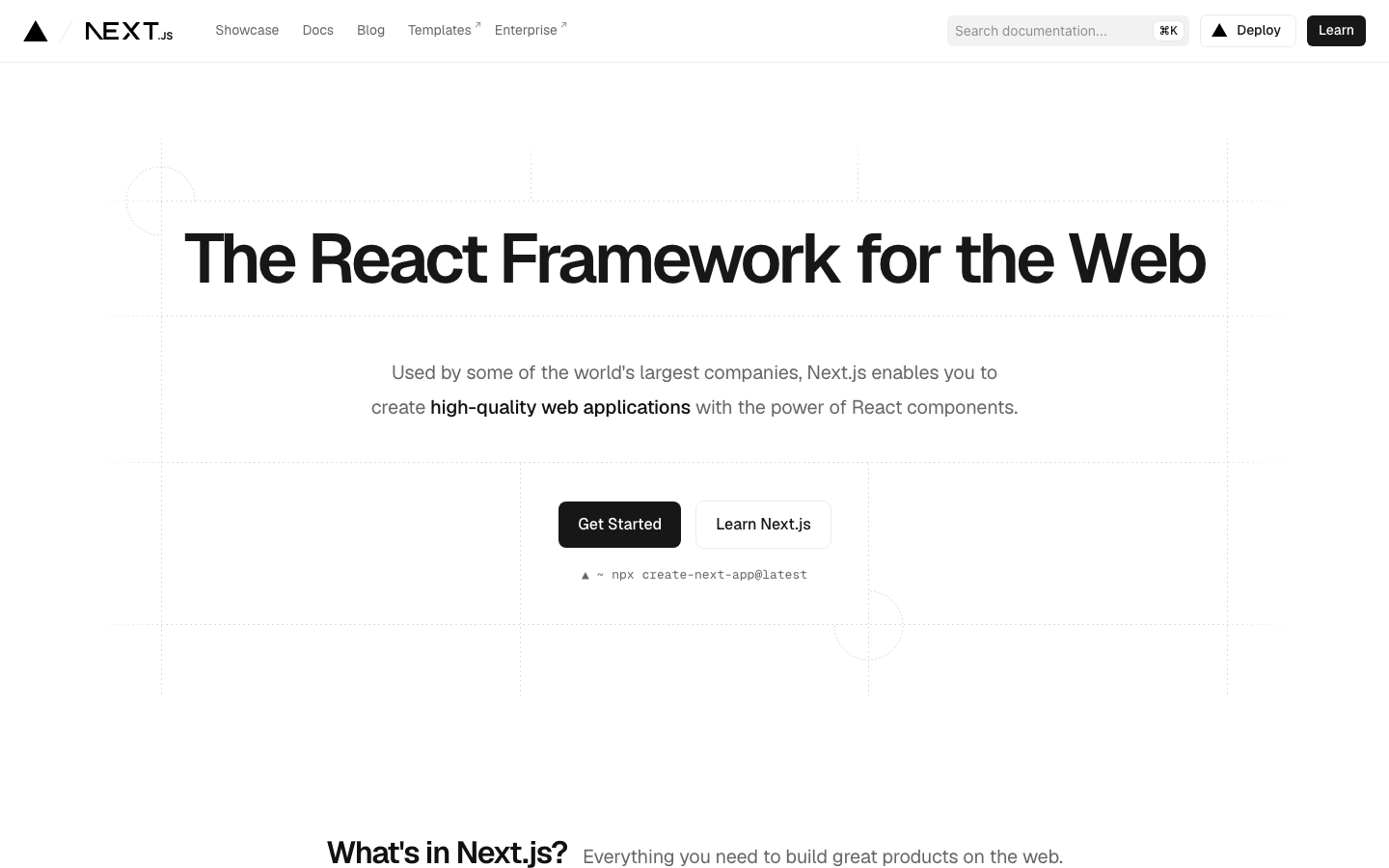 The page prioritizes clarity and functionality with a clean, spacious layout. Typography is straightforward and legible, emphasizing information hierarchy. The overall feel is efficient and purposeful. · react framework, nextjs documentation, javascript framework, web development, developer tools, minimalist design, technical website