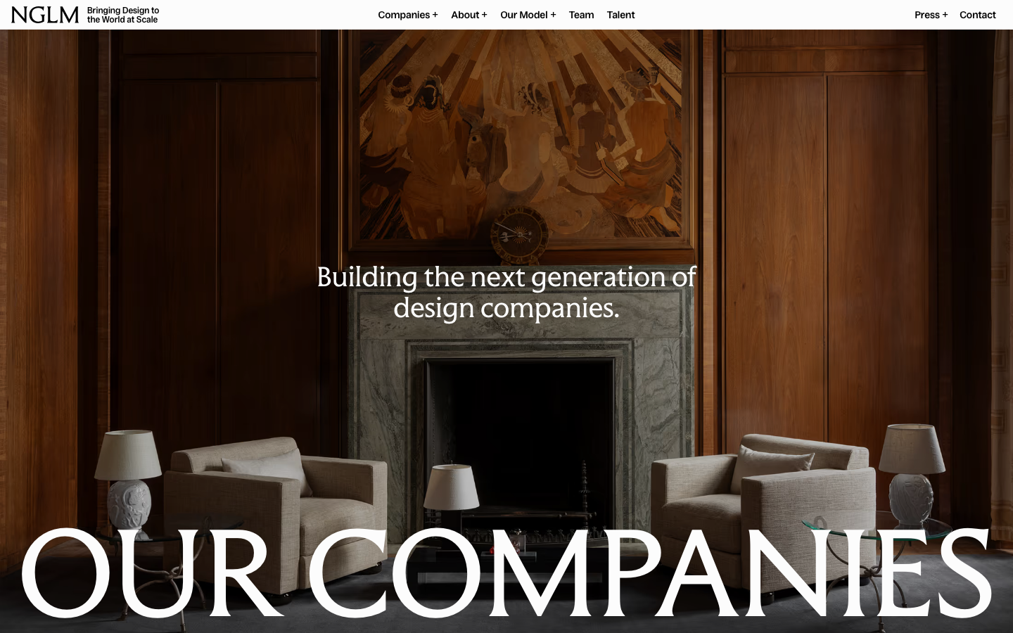 High-contrast editorial layout featuring a full-bleed interior photograph with oversized serif typography overlapping the image edge. The mood is established through rich wood tones and a sophisticated, traditional aesthetic. · luxury agency hero, editorial serif typography, full-bleed interior photography, high-end portfolio landing, classic corporate luxe
