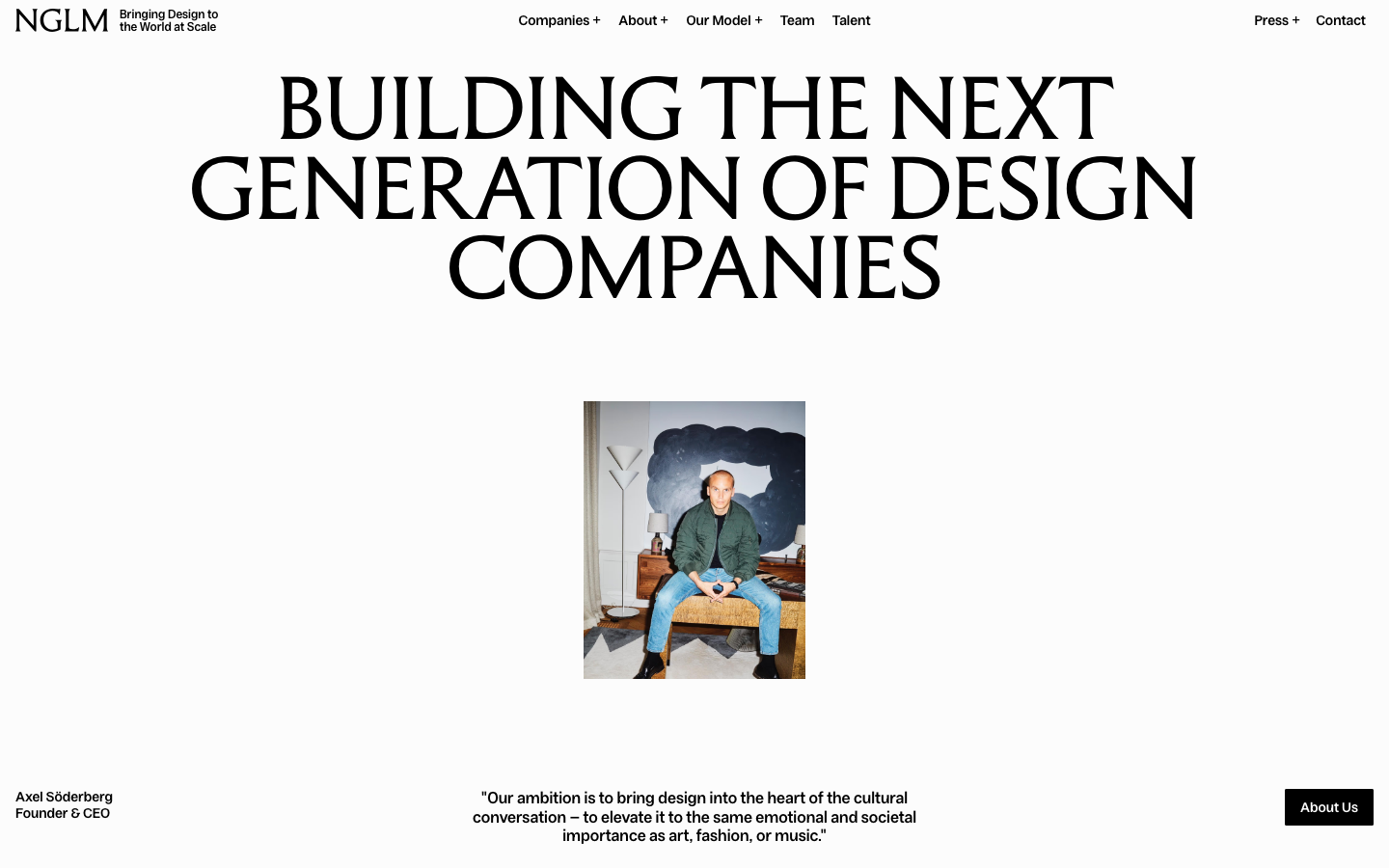 NGLM - High-contrast editorial layout featuring massive, centered sans-serif typography and a singular, centered portrait. The composition relies on extreme white space and a strict monochrome palette to create a gallery-like atmosphere.  ·  editorial agency hero, minimalist luxury layout, high contrast typography, swiss design agency, monochrome portfolio hero