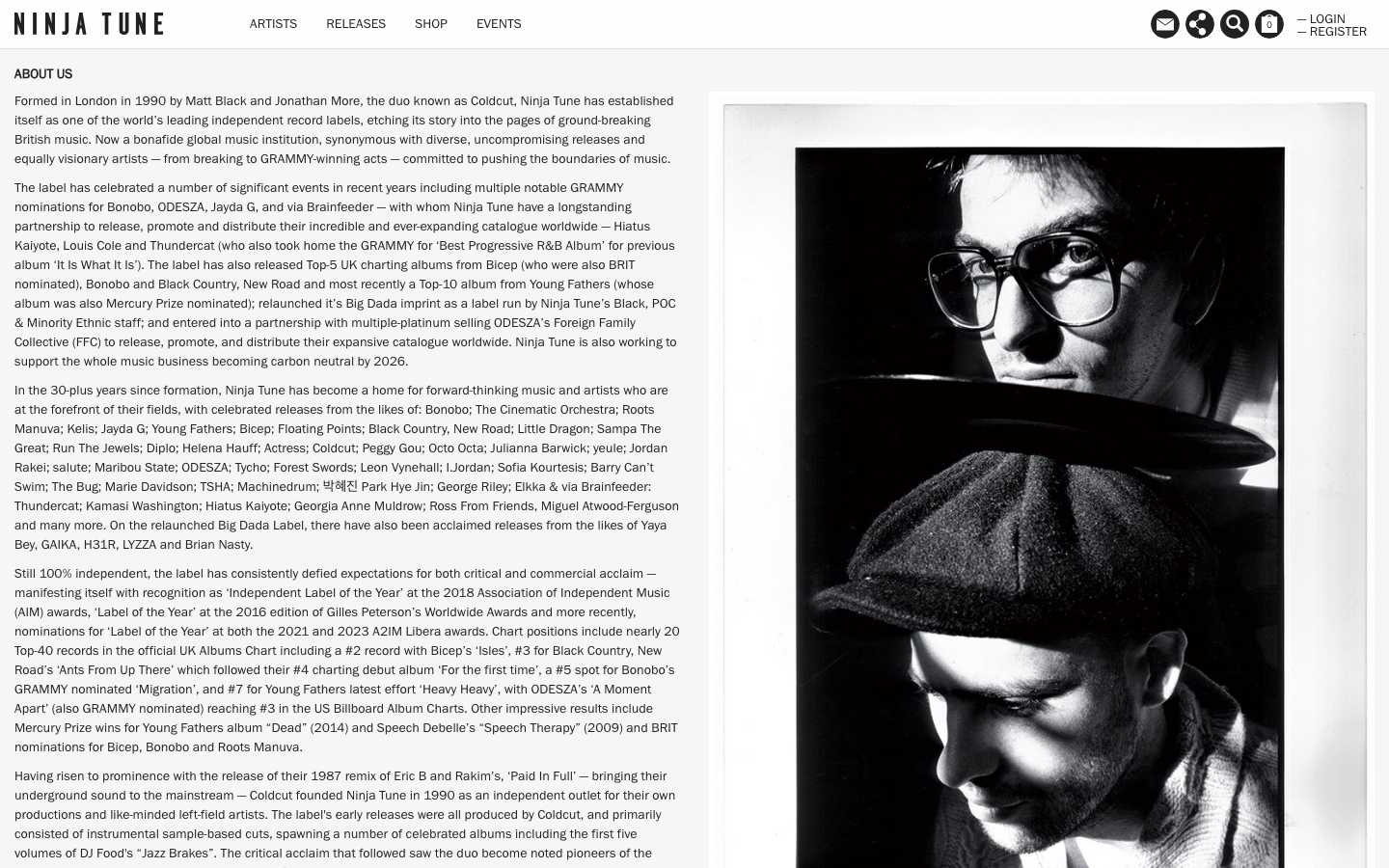The layout prioritizes visual presentation of music releases, using a grid of album art. The dark background and stark typography create a sophisticated, almost gallery-like feel, emphasizing the artwork as the primary point of engagement. · music store, album releases, dark interface, music design, grid layout, minimalist music, spotify alternative, band releases, music catalog, ninjatune