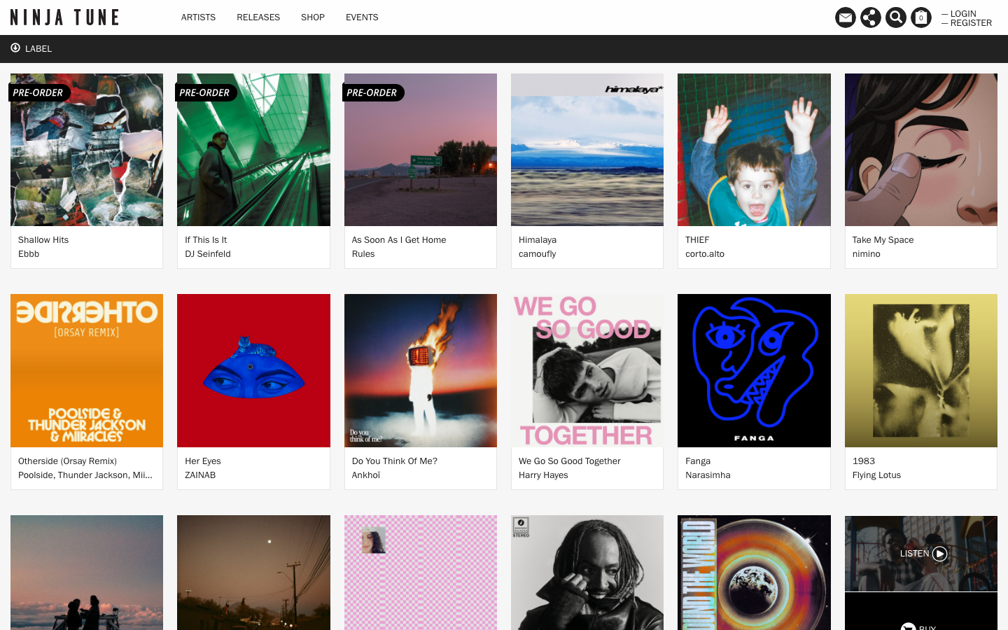 The layout prioritizes visual presentation of music releases, using a grid of album art. The dark background and stark typography create a sophisticated, almost gallery-like feel, emphasizing the artwork as the primary point of engagement. · music store, album releases, dark interface, music design, grid layout, minimalist music, spotify alternative, band releases, music catalog, ninjatune