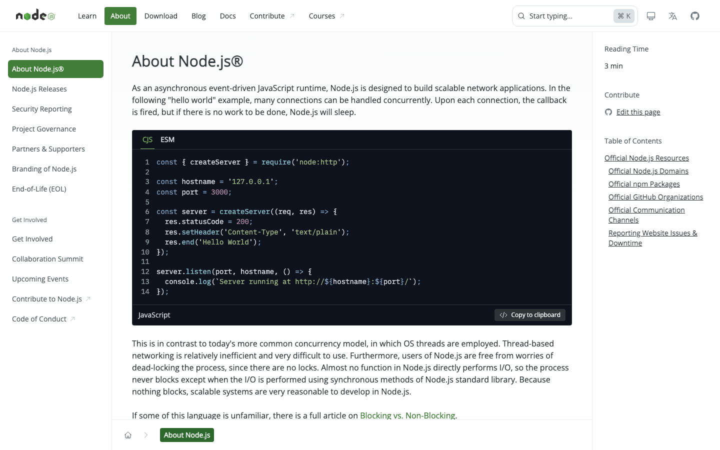 The page prioritizes code display and a clean, functional aesthetic. Typography is stark and legible, with a focus on clarity and hierarchy. The overall feel is efficient and direct, emphasizing the tool's utility. · javascript documentation, nodejs tutorial, developer tools, code example, terminal interface, javascript runtime, open source nodejs, nodejs download