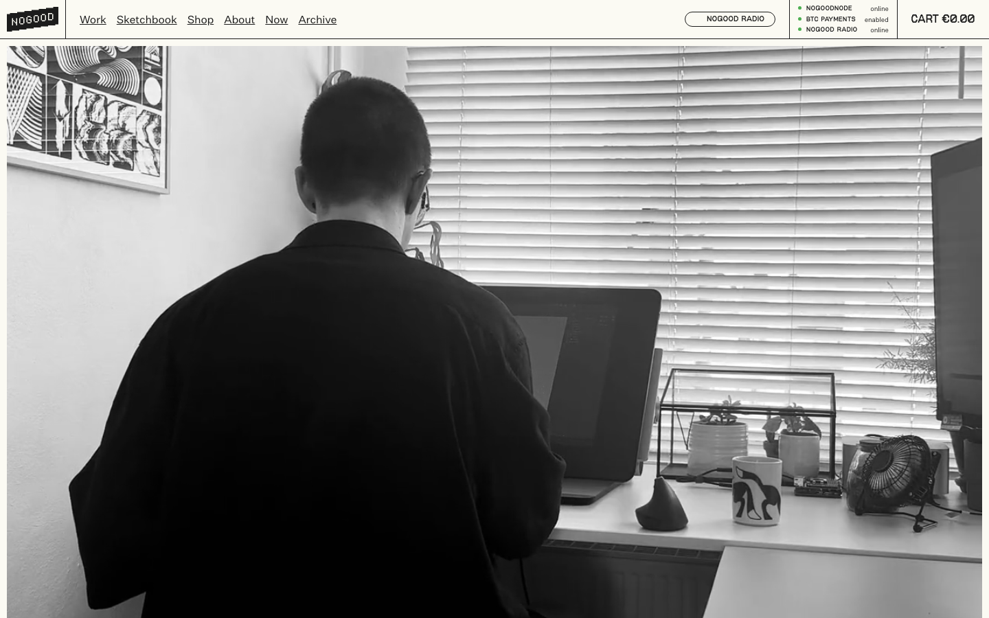 A stark, high-contrast monochrome layout featuring a full-bleed photograph. The navigation is a thin, utilitarian bar with a fixed-width font and minimal borders. · monochrome portfolio, brutalist nav, fullbleed b&w hero, minimalist creator site, high contrast photography layout