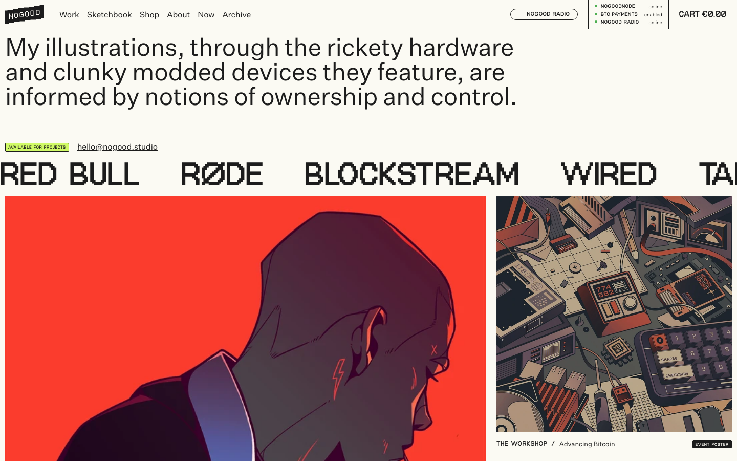 High-contrast layout featuring oversized, tight-kerning typography and a raw, brutalist aesthetic. The design balances a stark white background with saturated, detailed illustrations. · brutalist portfolio, editorial typography, bold logo cloud, illustrator website, high contrast layout