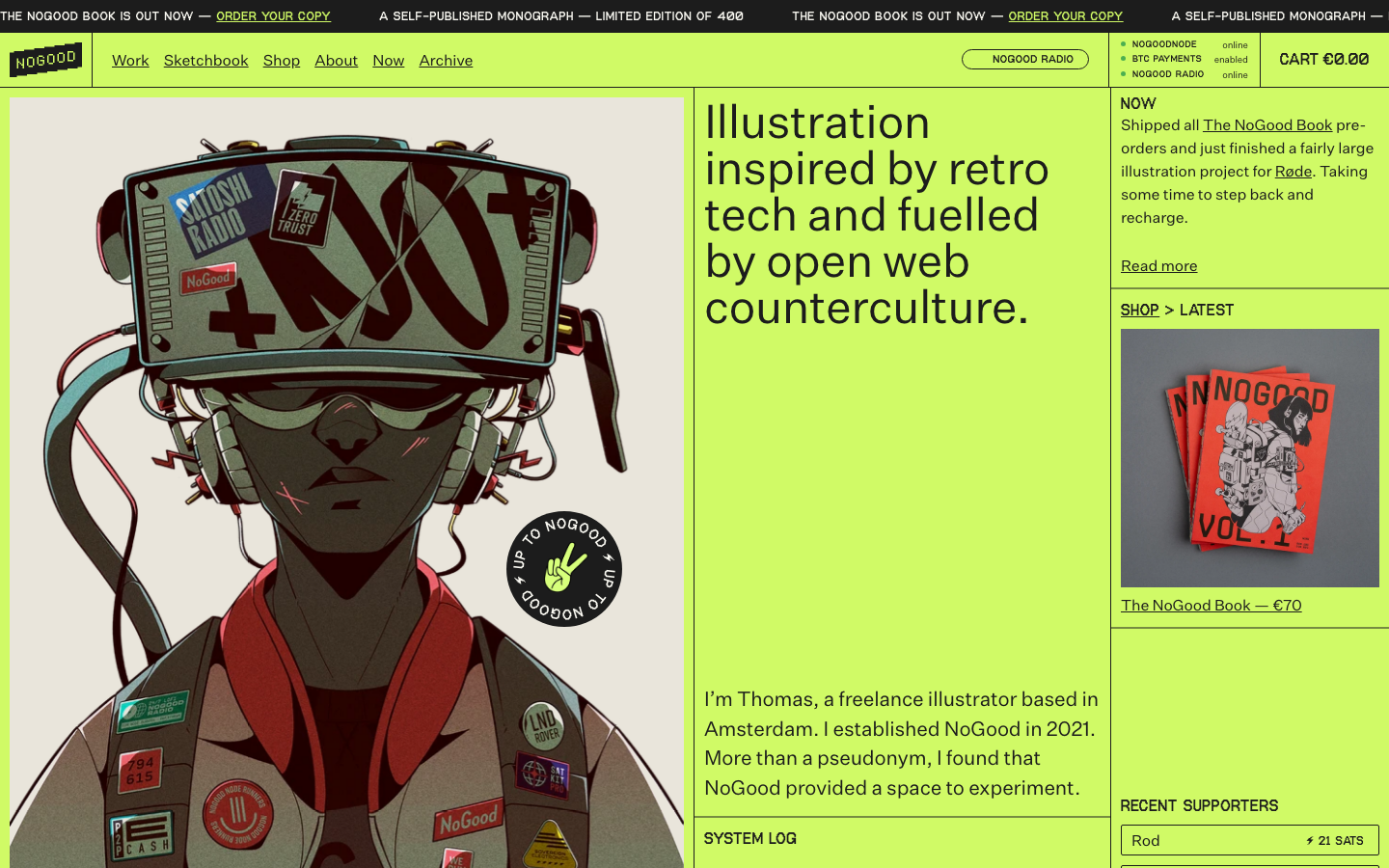 A high-contrast diptych layout featuring a lime green sidebar against a detailed cyberpunk illustration. The typography is a clean sans-serif that balances the dense, maximalist art style. · cyberpunk portfolio, brutalist layout, lime green accent, illustrator homepage, split screen design, retro tech aesthetic