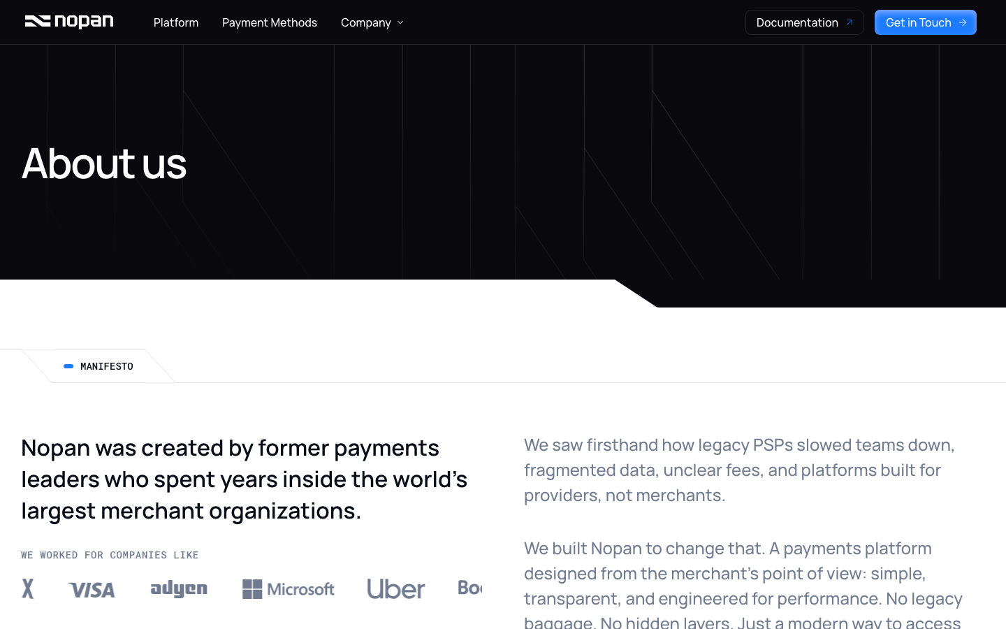 High-contrast layout featuring a dark, geometric hero section that transitions into a clean, white editorial space. The typography uses a sophisticated serif for narrative weight paired with a neutral sans-serif for utility. · fintech about page, dark mode hero, editorial fintech, high contrast layout, corporate manifesto, minimalist logo cloud