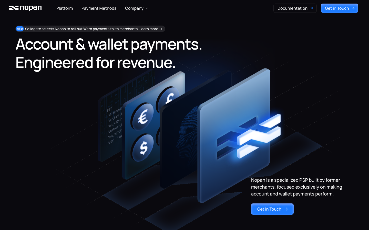 Nopan - High-contrast dark interface featuring a 3D isometric abstract of payment cards and data streams. The typography is a clean, bold sans-serif that anchors the composition against a deep navy background.  ·  dark fintech hero, isometric 3d payment, futurist saas landing, high contrast dark mode, technical financial design