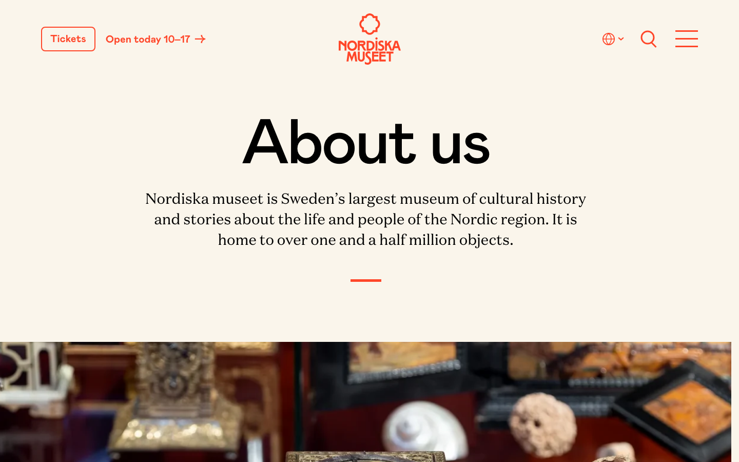 Clean editorial layout featuring a soft cream background and high-contrast black typography. The composition uses generous whitespace and a centered typographic hierarchy to create a museum-like atmosphere. · museum landing page, editorial typography, cream background web design, minimalist culture site, centered hero text