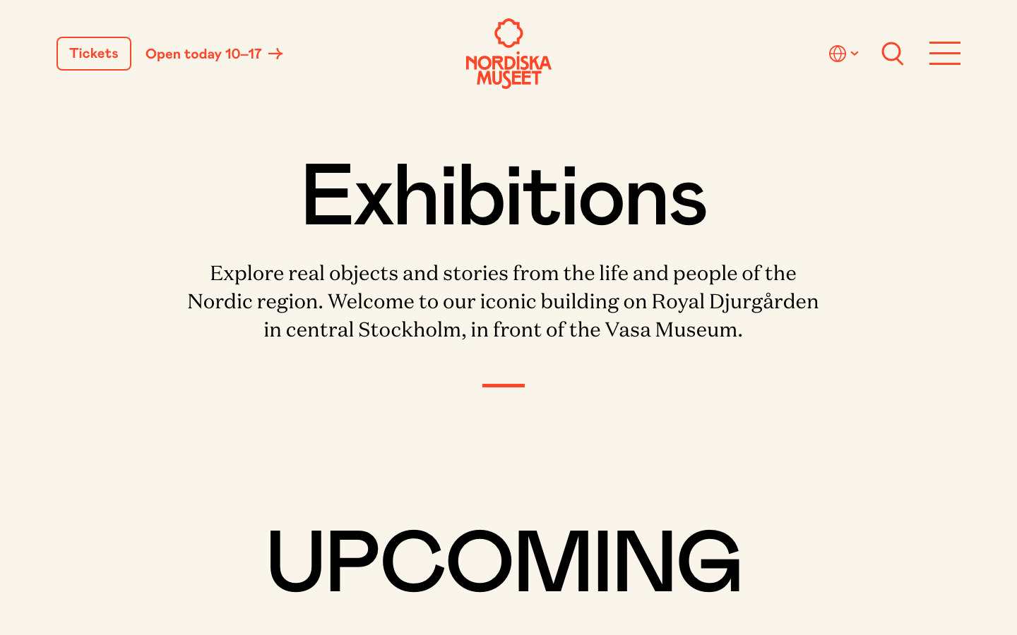 A clean, centered typographic layout using a warm cream background. High-contrast black sans-serif headings create a strong visual hierarchy against the soft backdrop. · museum landing page, minimalist editorial, cream background, centered typography, culture website, warm neutral palette
