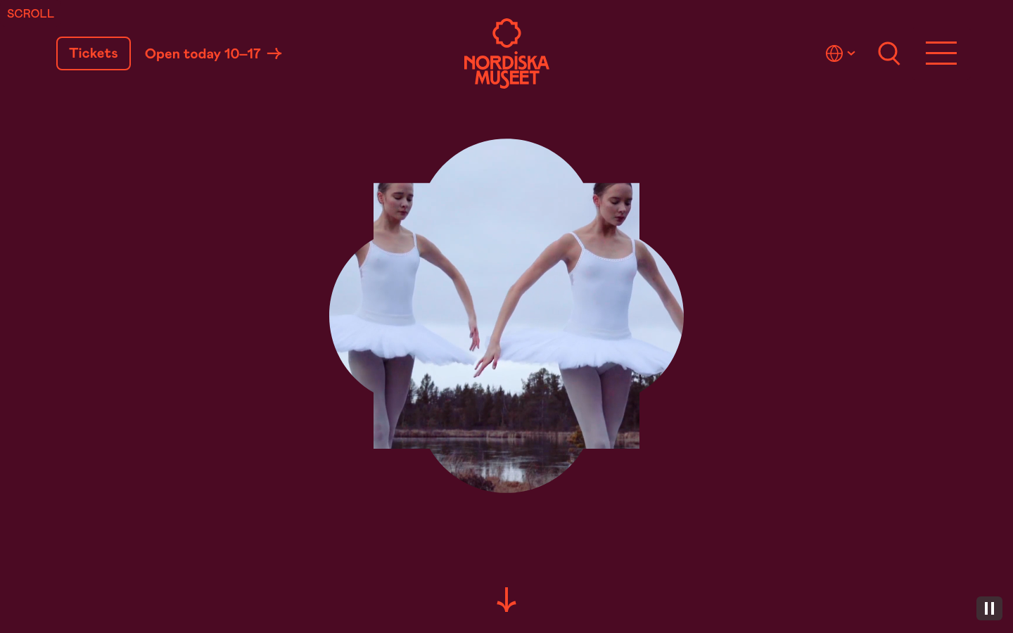 Nordiska Museet - A deep burgundy monochromatic backdrop frames a central circular mask containing a photographic image. The layout is symmetrical and sparse, utilizing high-contrast white typography for a sophisticated, museum-like feel.  ·  museum landing page, circular image mask, burgundy color palette, minimalist culture site, editorial hero