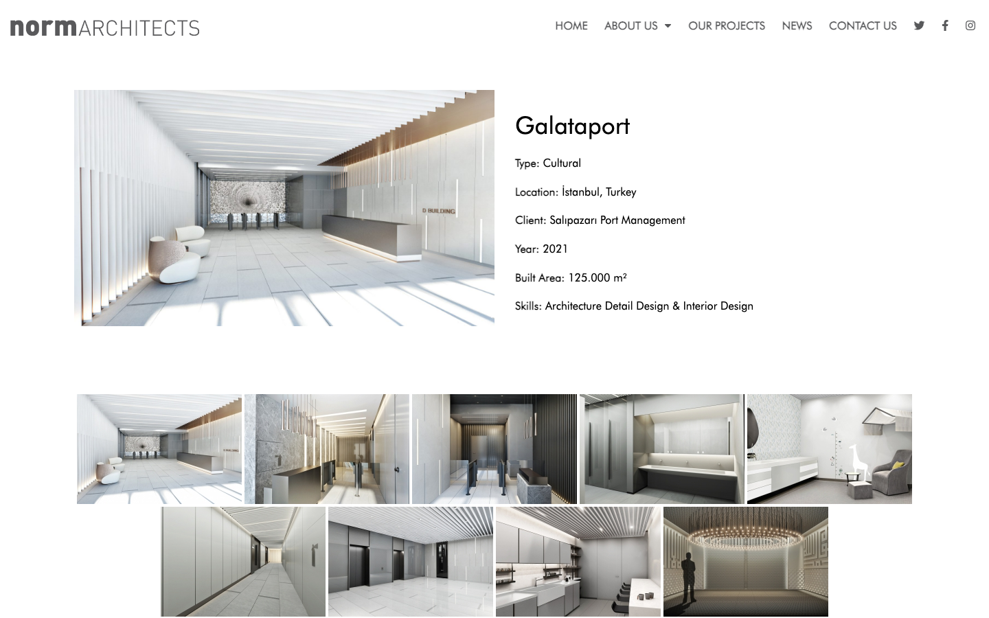 The hero image dominates the top half, showcasing the building in its environment. The lower section presents project details with a clean, structured layout, emphasizing clarity and precision. · architectural portfolio, modern building design, real estate agency, minimalist architecture, building photography, norm architects, contemporary design