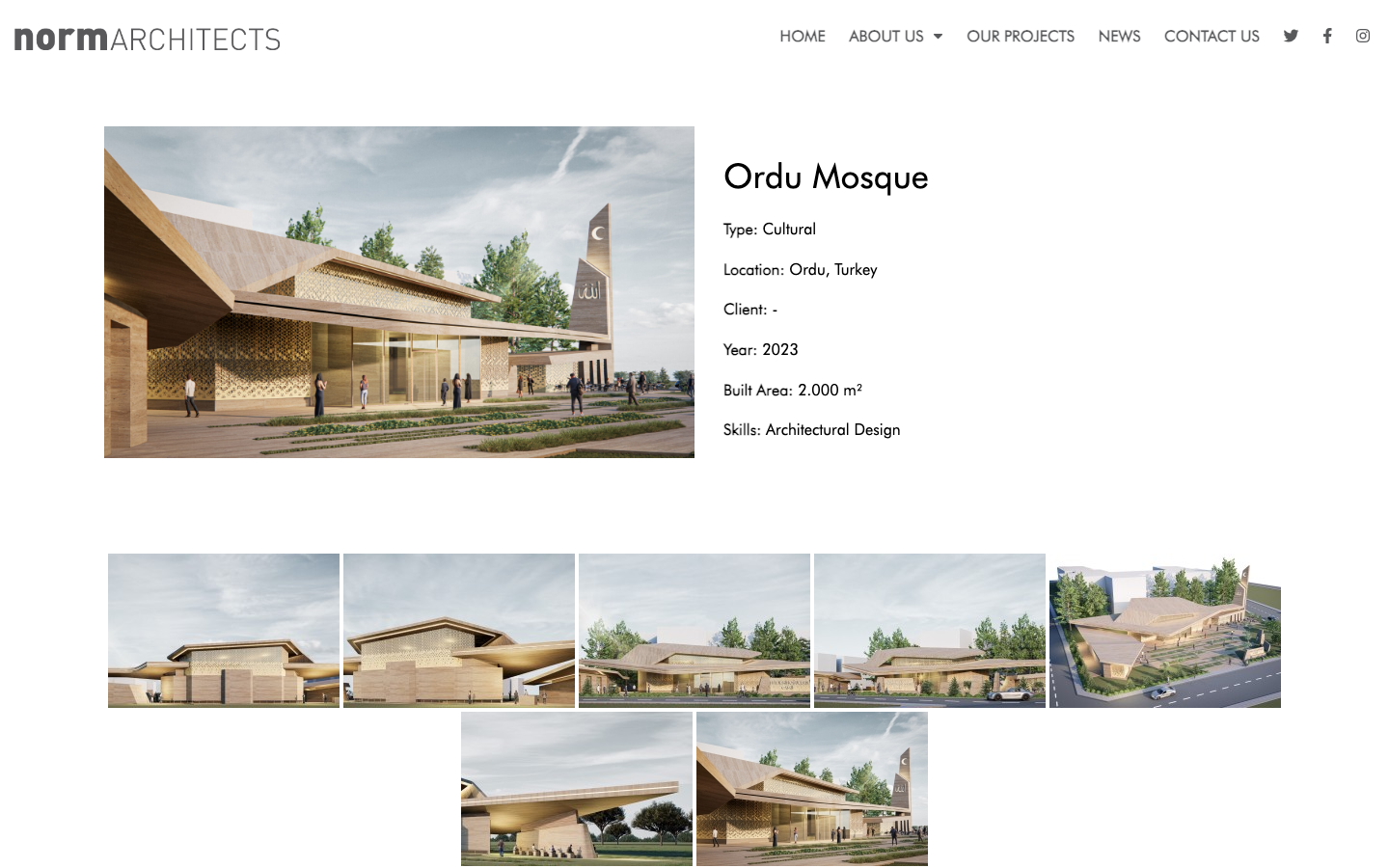 The hero image dominates the top half, showcasing the building in its environment. The lower section presents project details with a clean, structured layout, emphasizing clarity and precision. · architectural portfolio, modern building design, real estate agency, minimalist architecture, building photography, norm architects, contemporary design