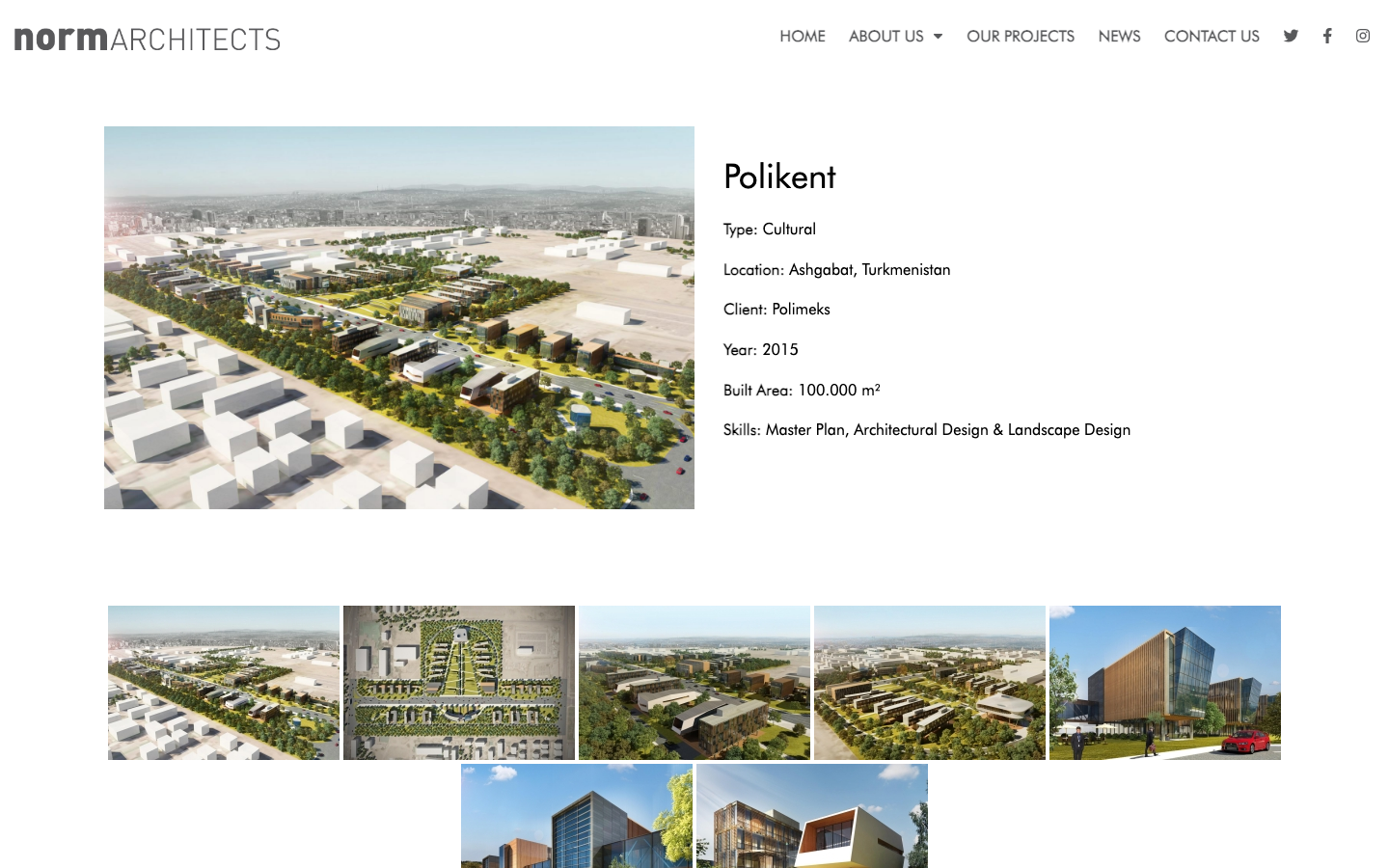 The hero image dominates the top half, showcasing the building in its environment. The lower section presents project details with a clean, structured layout, emphasizing clarity and precision. · architectural portfolio, modern building design, real estate agency, minimalist architecture, building photography, norm architects, contemporary design