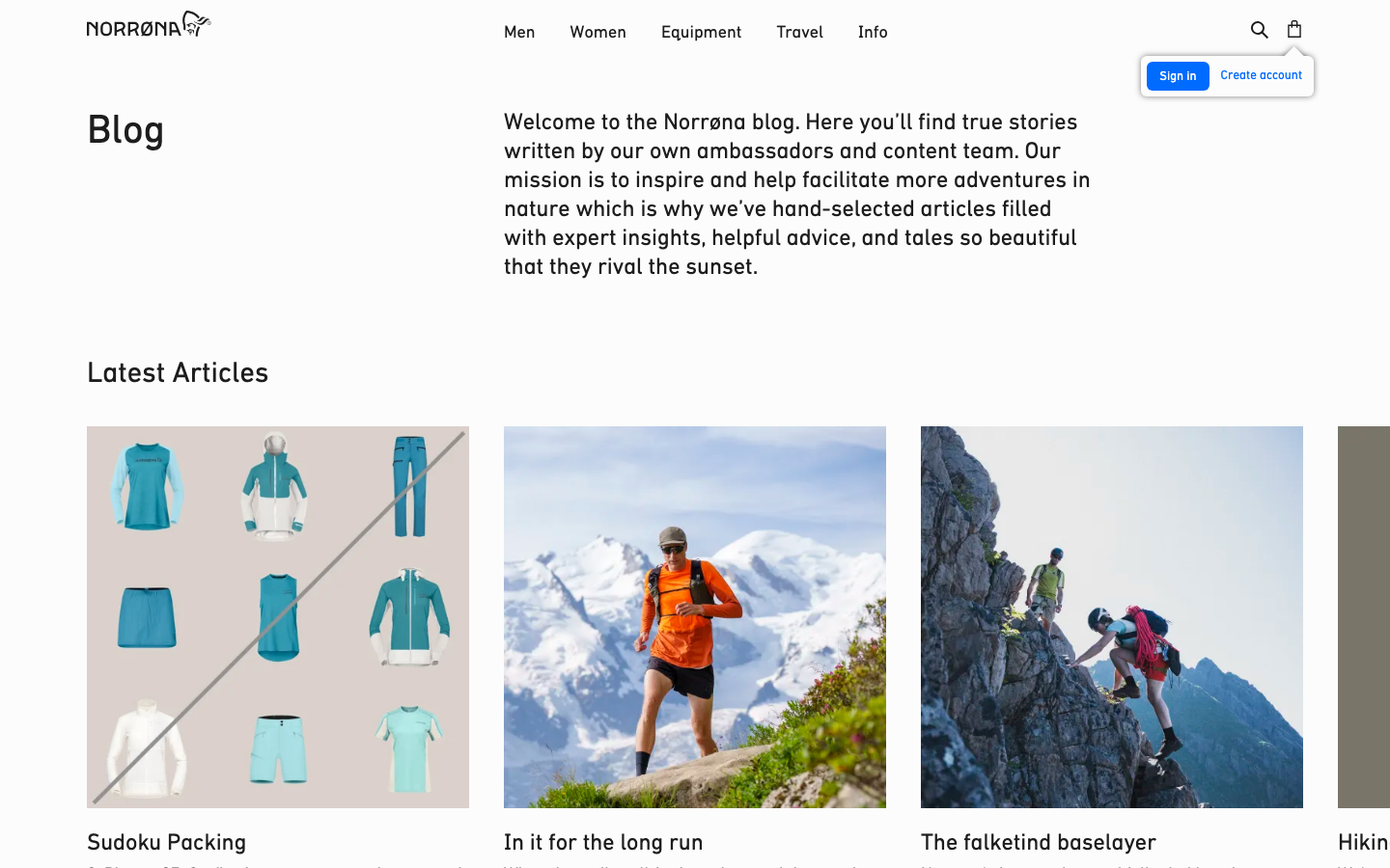 The page uses a full-bleed image to establish a sense of place, with clean typography and ample negative space. The overall feel is understated and focused on the product's connection to the natural environment. · outdoor apparel, mountain wear, technical clothing, sustainable fashion, adventure gear, norrona products, minimalist design, full screen image