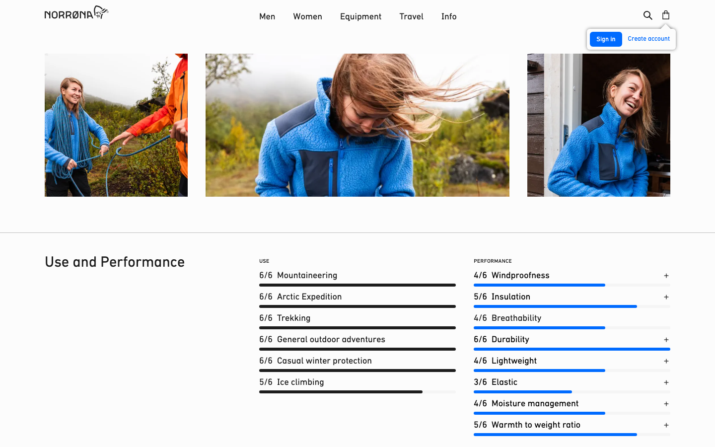 The page uses a full-bleed image to establish a sense of place, with clean typography and ample negative space. The overall feel is understated and focused on the product's connection to the natural environment. · outdoor apparel, mountain wear, technical clothing, sustainable fashion, adventure gear, norrona products, minimalist design, full screen image