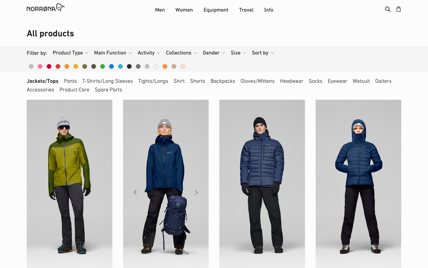 The page uses a full-bleed image to establish a sense of place, with clean typography and ample negative space. The overall feel is understated and focused on the product's connection to the natural environment. · outdoor apparel, mountain wear, technical clothing, sustainable fashion, adventure gear, norrona products, minimalist design, full screen image