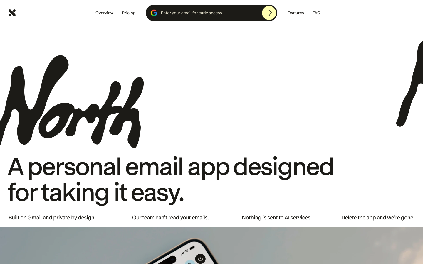 High-contrast monochrome palette featuring a heavy, organic hand-drawn logotype paired with a clean, geometric sans-serif. The layout uses generous white space and a centered, pill-shaped email capture in the navigation. · minimalist saas hero, organic typography, monochrome landing page, clean email app design, high contrast minimal