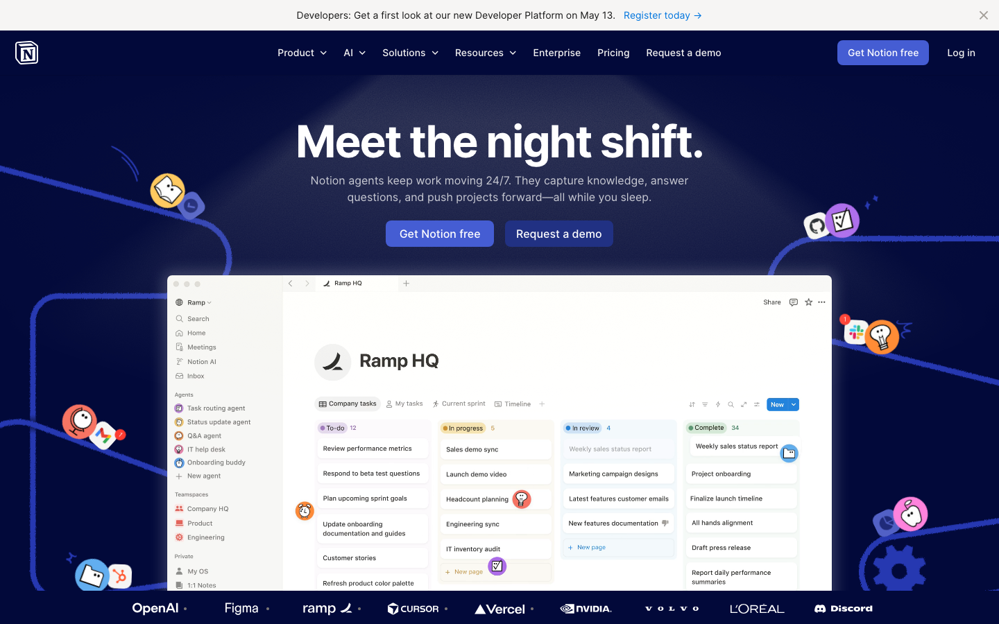 The page uses a clean, dark interface with a prominent hero section and a well-organized layout of features. The overall feeling is efficient and focused on functionality, prioritizing clarity over ornamentation. · dark saas, developer tools, notion homepage, minimalist saas, productivity tools, dark interface, feature showcase