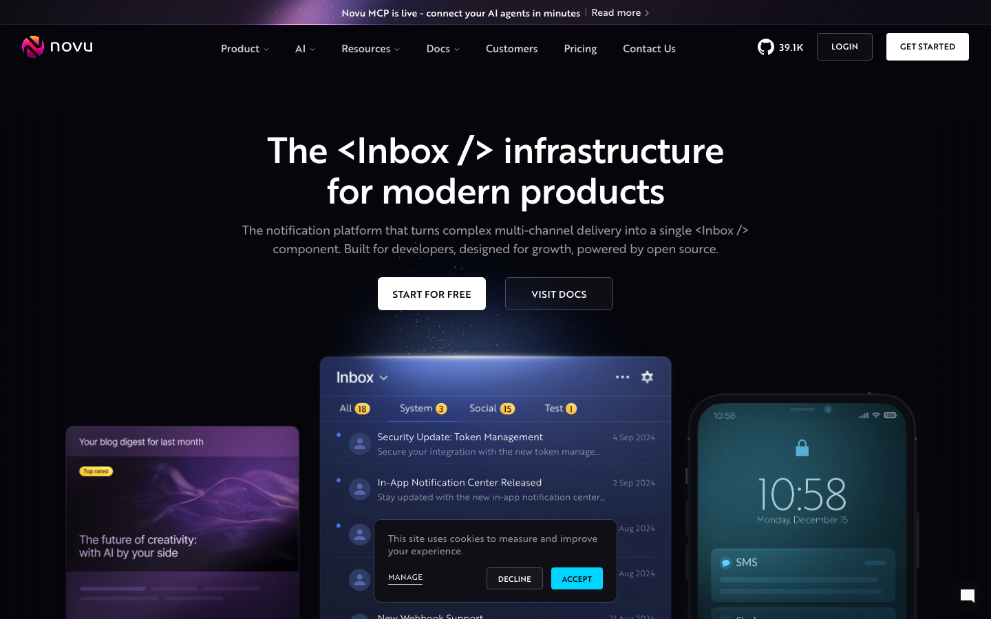 Novu - Open-source notifications infrastructure for devs and product teams - Novu is an open-source notification platform that empowers developers to create robust, multi-channel notifications for web and mobile apps. With powerful workflows, seamless integrations, and a flexible API-first approach, Novu enables product teams to manage notifications without breaking production.  ·  dark-mode, minimalism, monochrome, futurist, developer-tools, saas, ai, hero-with-cta, sticky-nav, logo-cloud, feature-trio