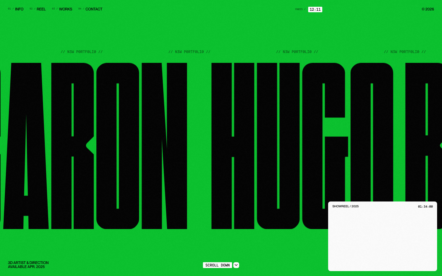 Passionate about imagery and movement, I create unique visual universes that combine artistic direction, 3D, and motion design. · minimalism, brutalism, editorial, portfolio, creator, agency, hero-fullbleed, logo-cloud