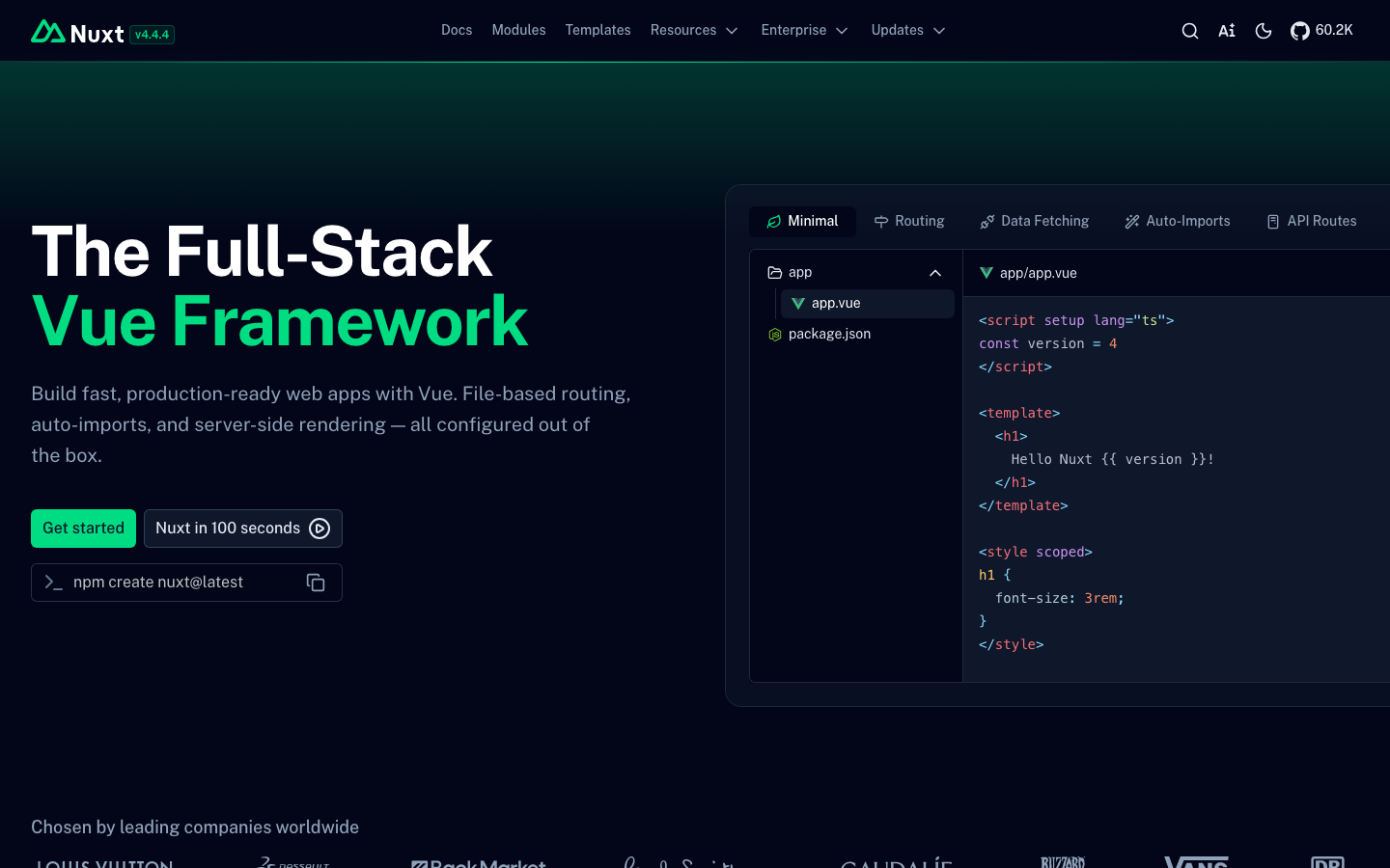 The page uses a stark, dark color palette with a focus on typography and code snippets. The layout is structured with distinct sections, creating a sense of organized information delivery. Visual hierarchy is established through size and weight of text. · vue framework, nuxt js, javascript framework, developer tools, dark ui, code examples, technical website, minimalist design, javascript, web development