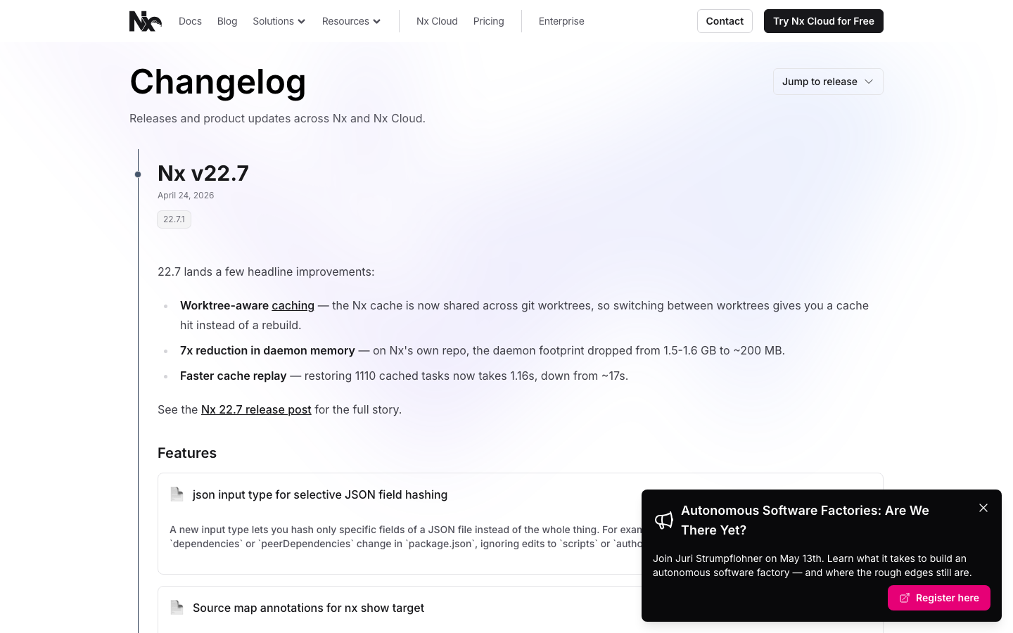 The page uses a stark, dark aesthetic with a focus on concise messaging and clear visual hierarchy. Typography is clean and functional, prioritizing readability over ornamentation. The overall impression is one of precision and efficiency. · developer platform, monorepo, ci/cd, ai development, technical website, dark ui, software tools, nx dev, fast continuous integration, monorepo platform