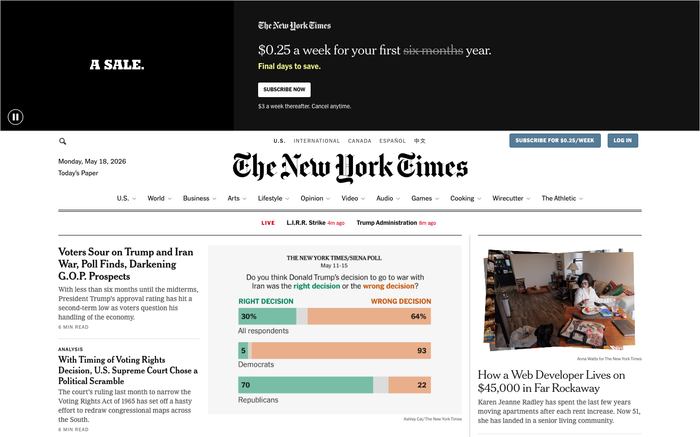 The page prioritizes delivering news content with a clean, structured layout. Typography is clear and legible, with a focus on hierarchy and readability. The overall feel is authoritative and straightforward. · news website, editorial design, minimalist news, new york times, clean layout, typography focused, high contrast, journalism website