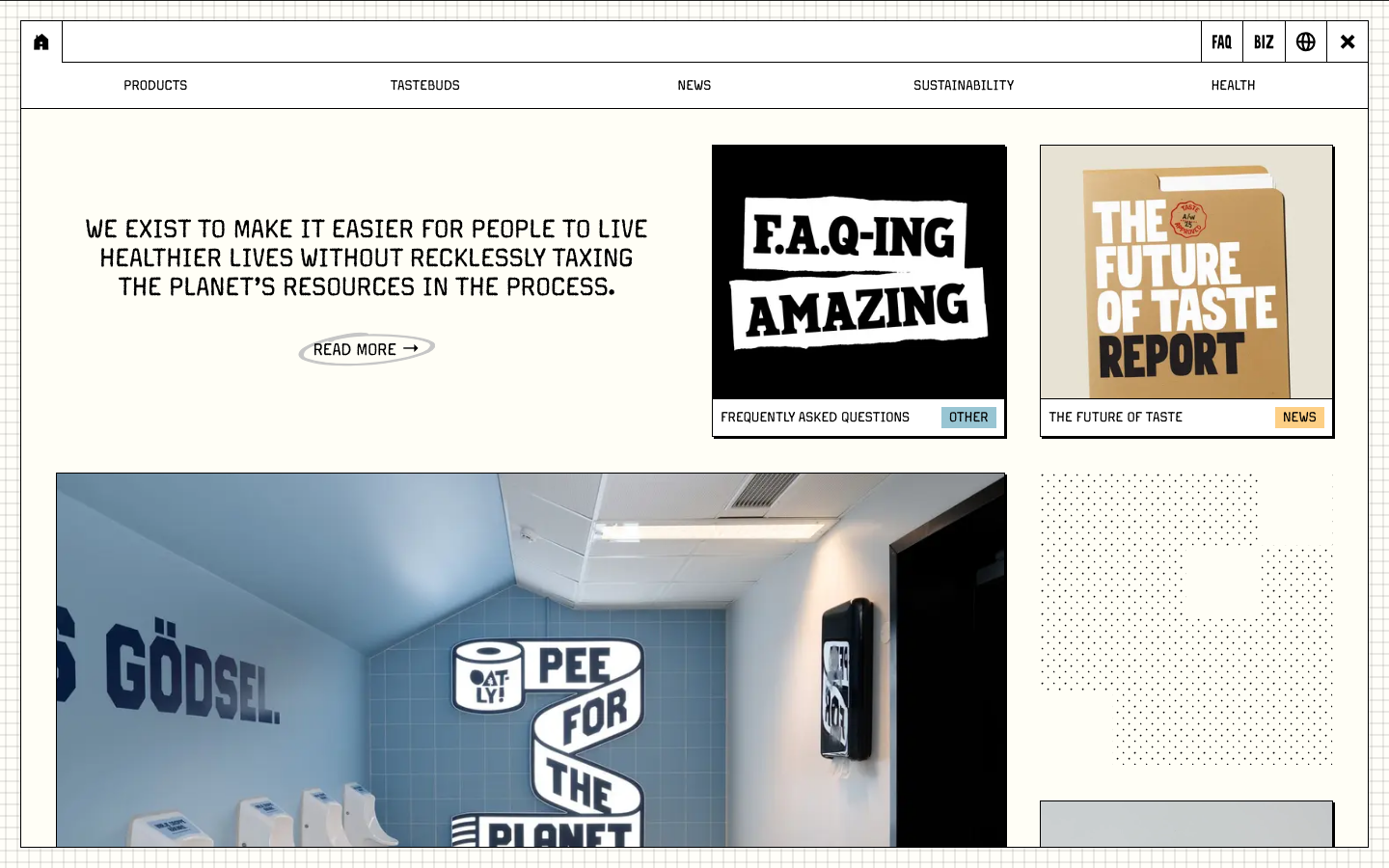 A site filled with everything you could possible think of, and also probably not think of, related to an oat drink company called Oatly. · minimalism, editorial, playful, non-profit, health, hero-with-cta, logo-cloud, feature-trio