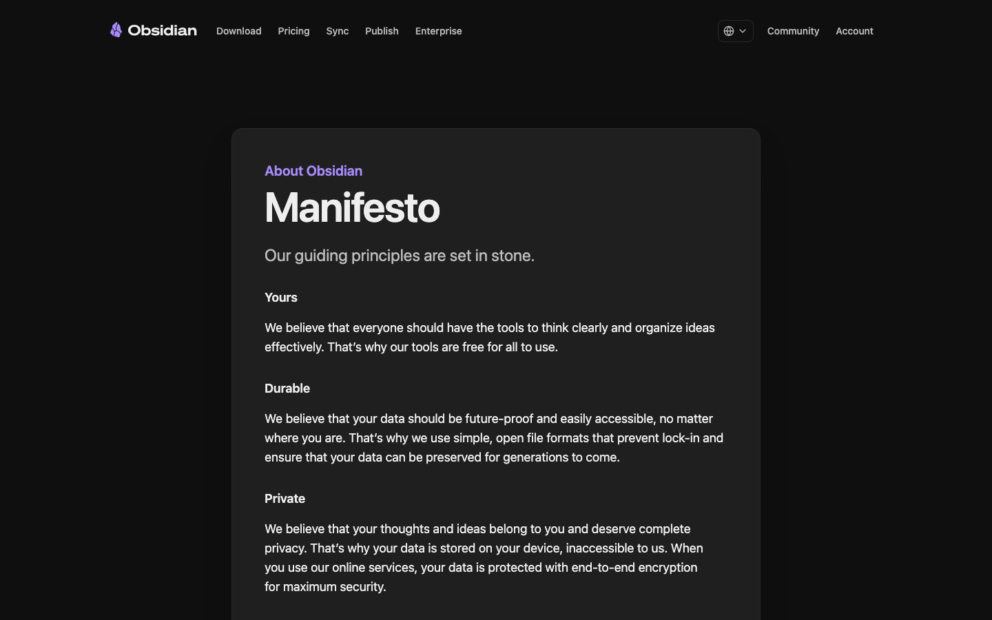 The page uses a dark, minimal aesthetic with a prominent hero section and a left-hand navigation. The overall feel is clean and focused, prioritizing content discovery within a structured environment. · dark saas, developer tools, note-taking, minimalist design, productivity app, obsidian md, knowledge management, dark mode saas